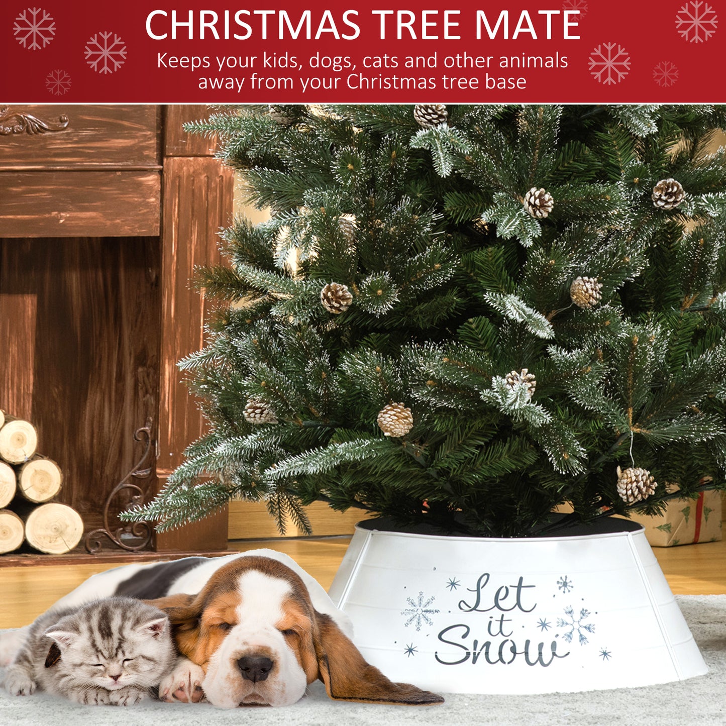 White Christmas tree collar with Let it Snow design protecting tree base