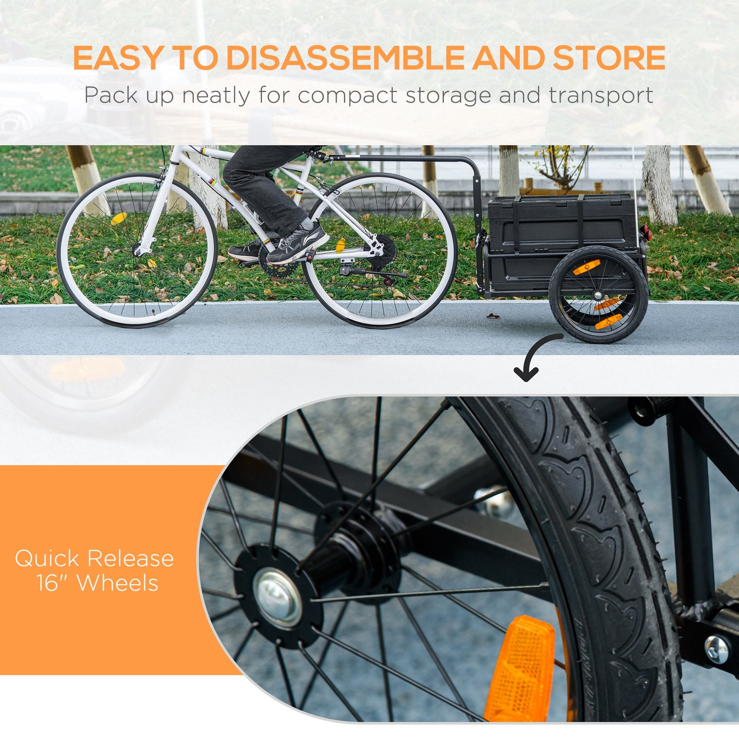 Closeup of a bicycle trailers black inch quickrelease wheel with orange reflector