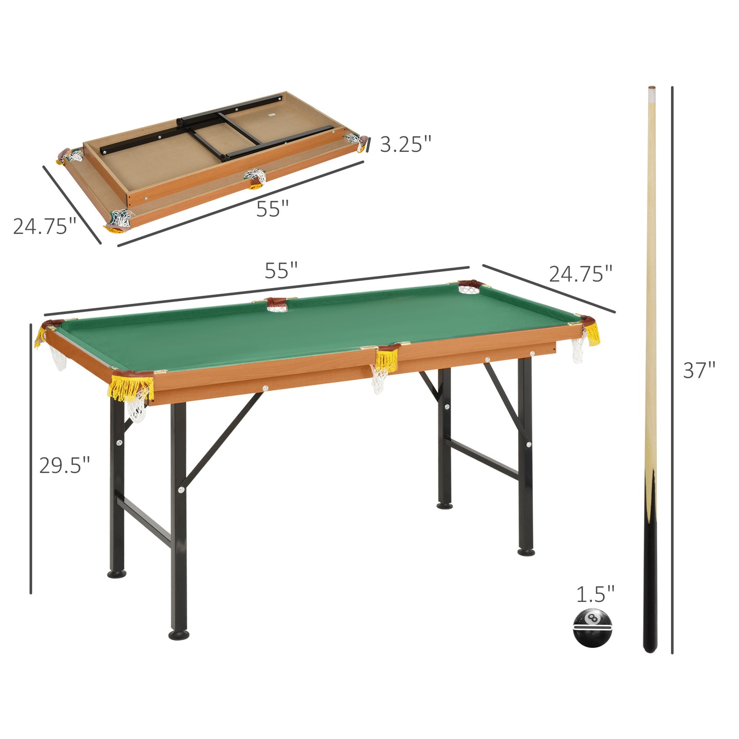 Compact folding pool table with green felt and wooden frame measures L x W
