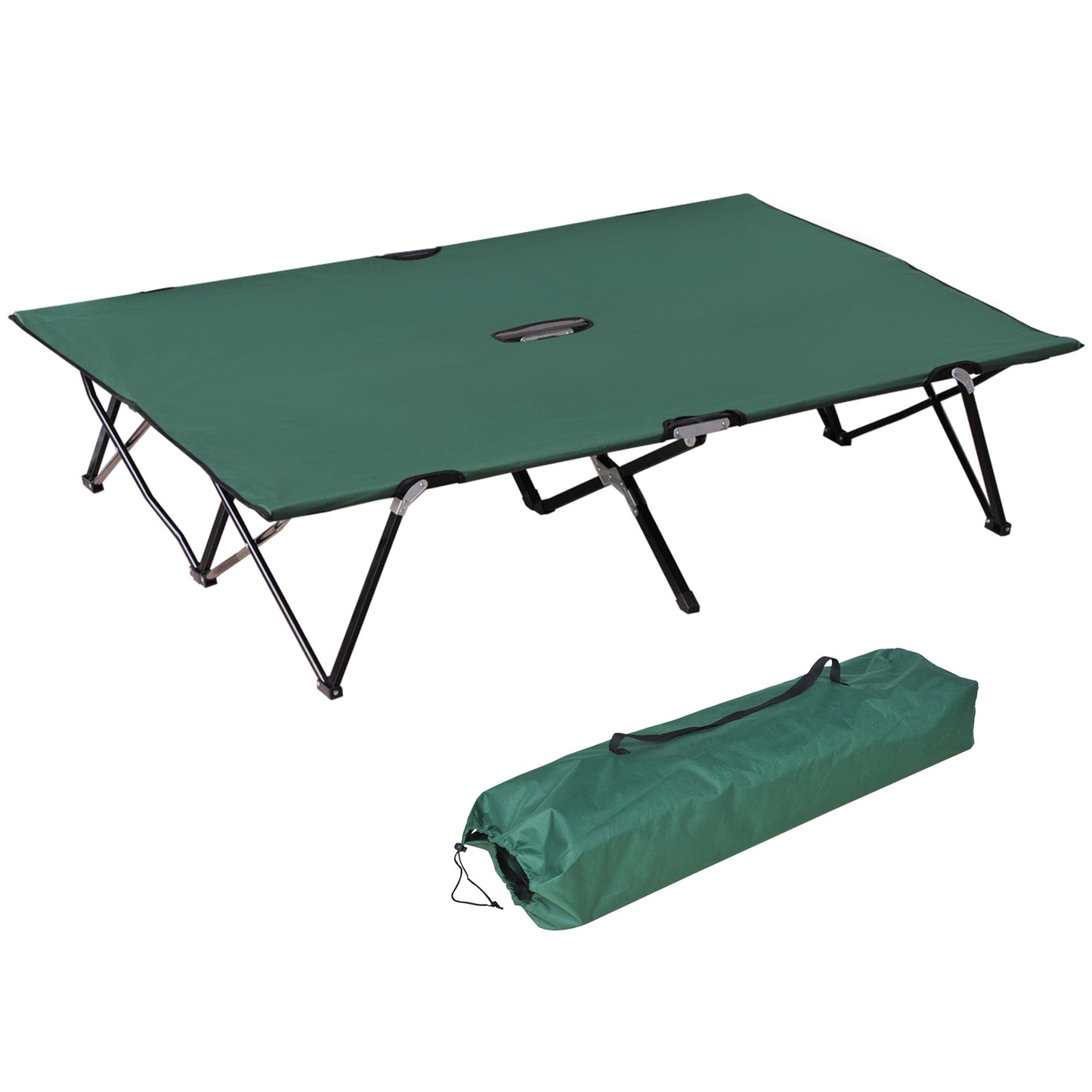 Green camping cot with durable fabric and sturdy metal frame includes carry bag for outdoor use