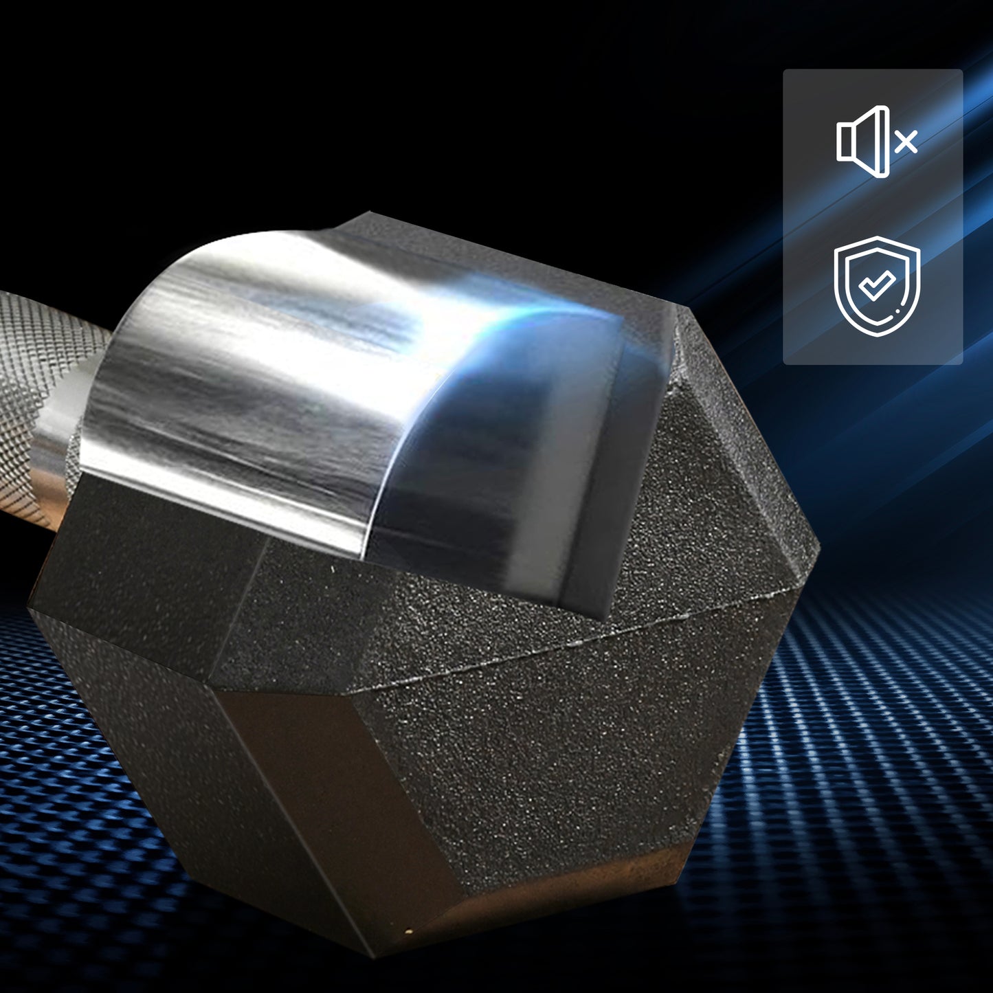 Hexagonal black dumbbell with a textured grip and chrome end cap for home gym workouts