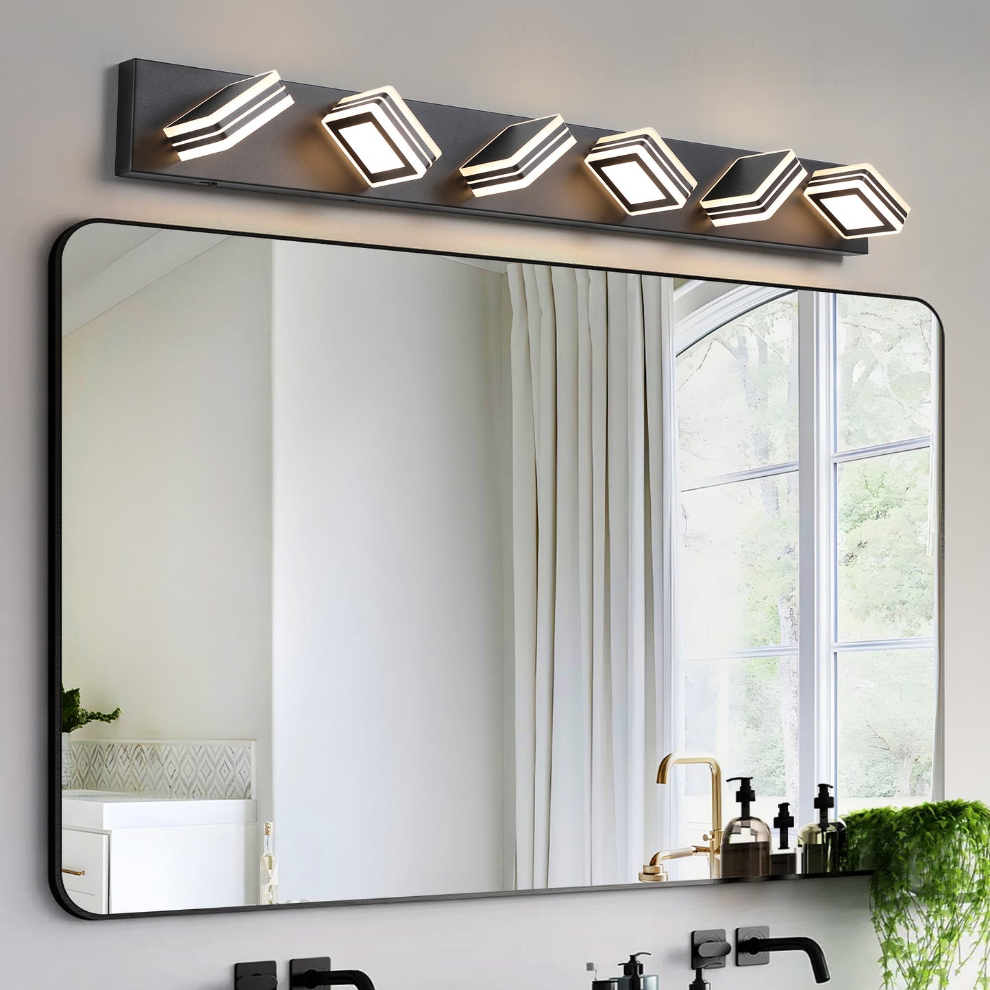 Modern black vanity light with geometric illuminated cubes for bathroom lighting