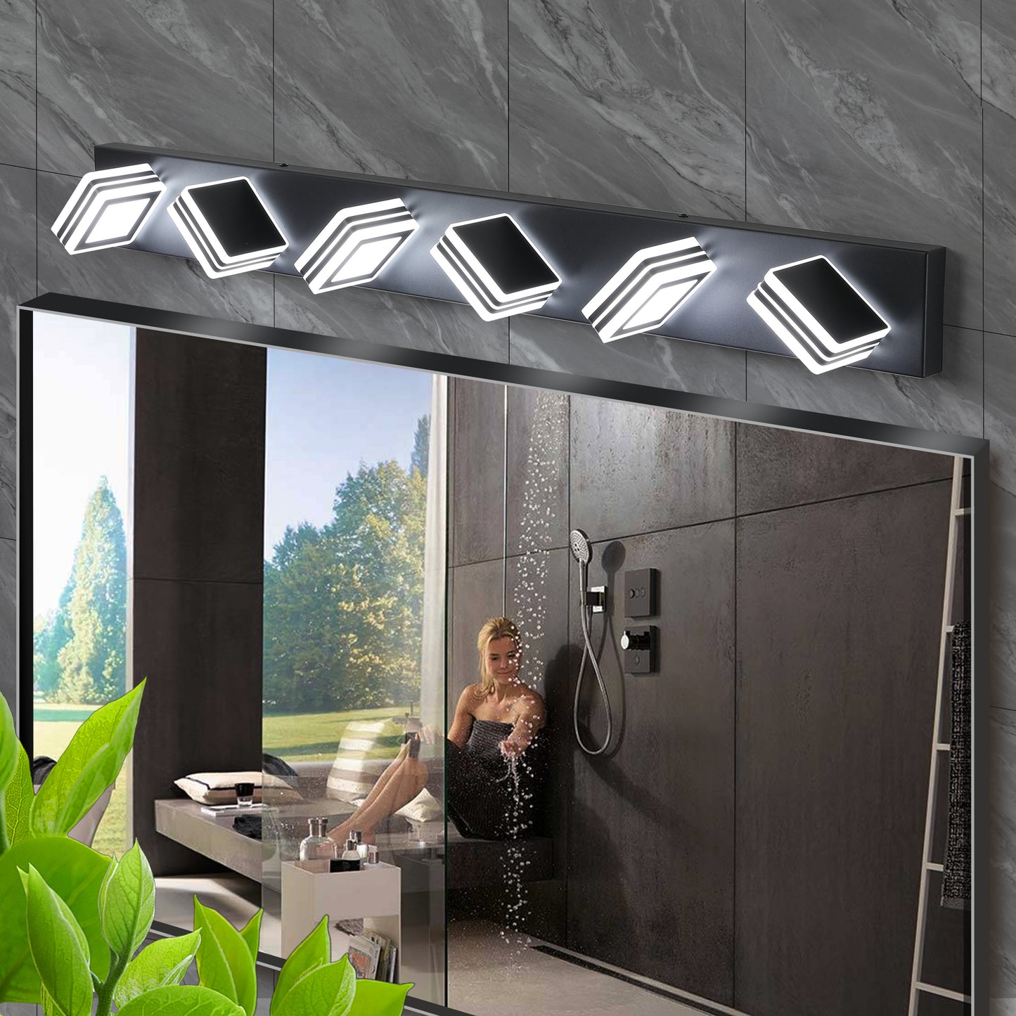 Modern black vanity light with geometric acrylic shades and LED illumination for bathrooms
