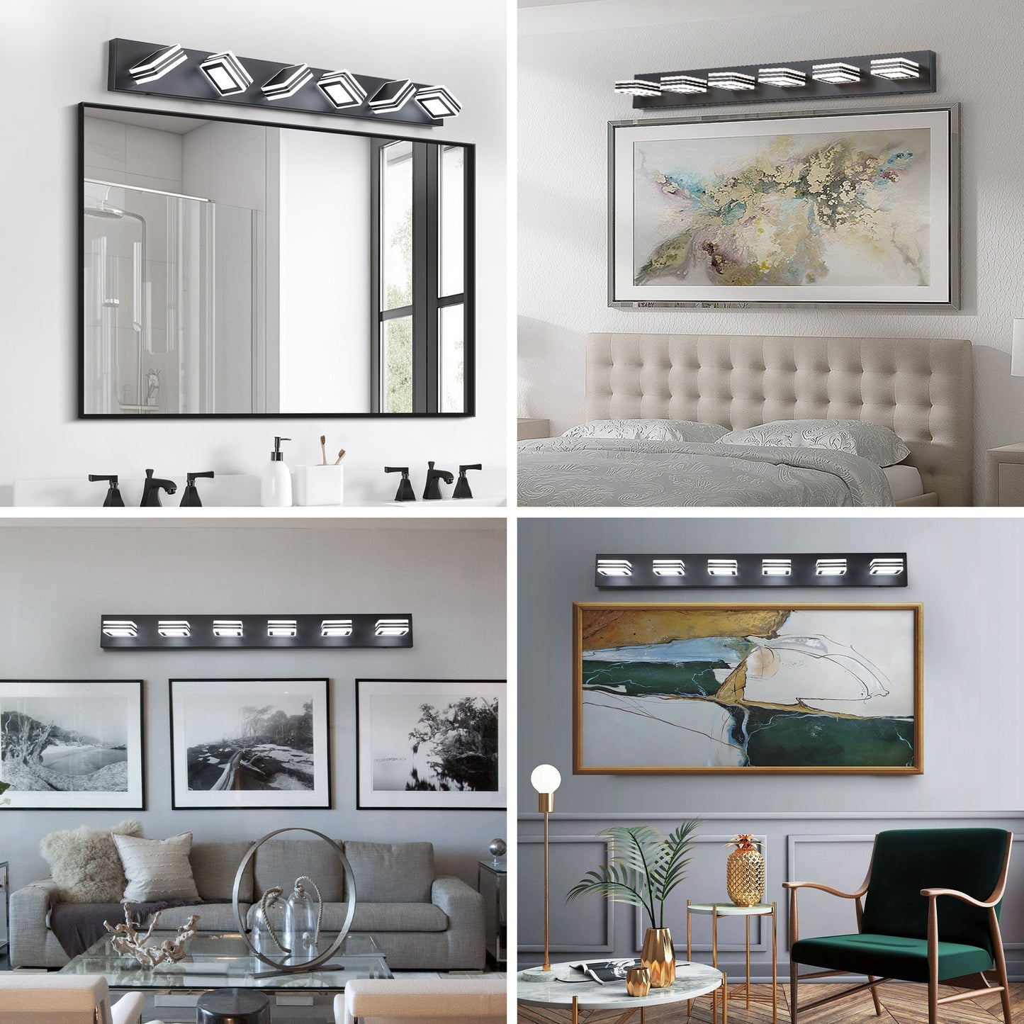 Modern black bathroom vanity light with five faceted white LED cubes