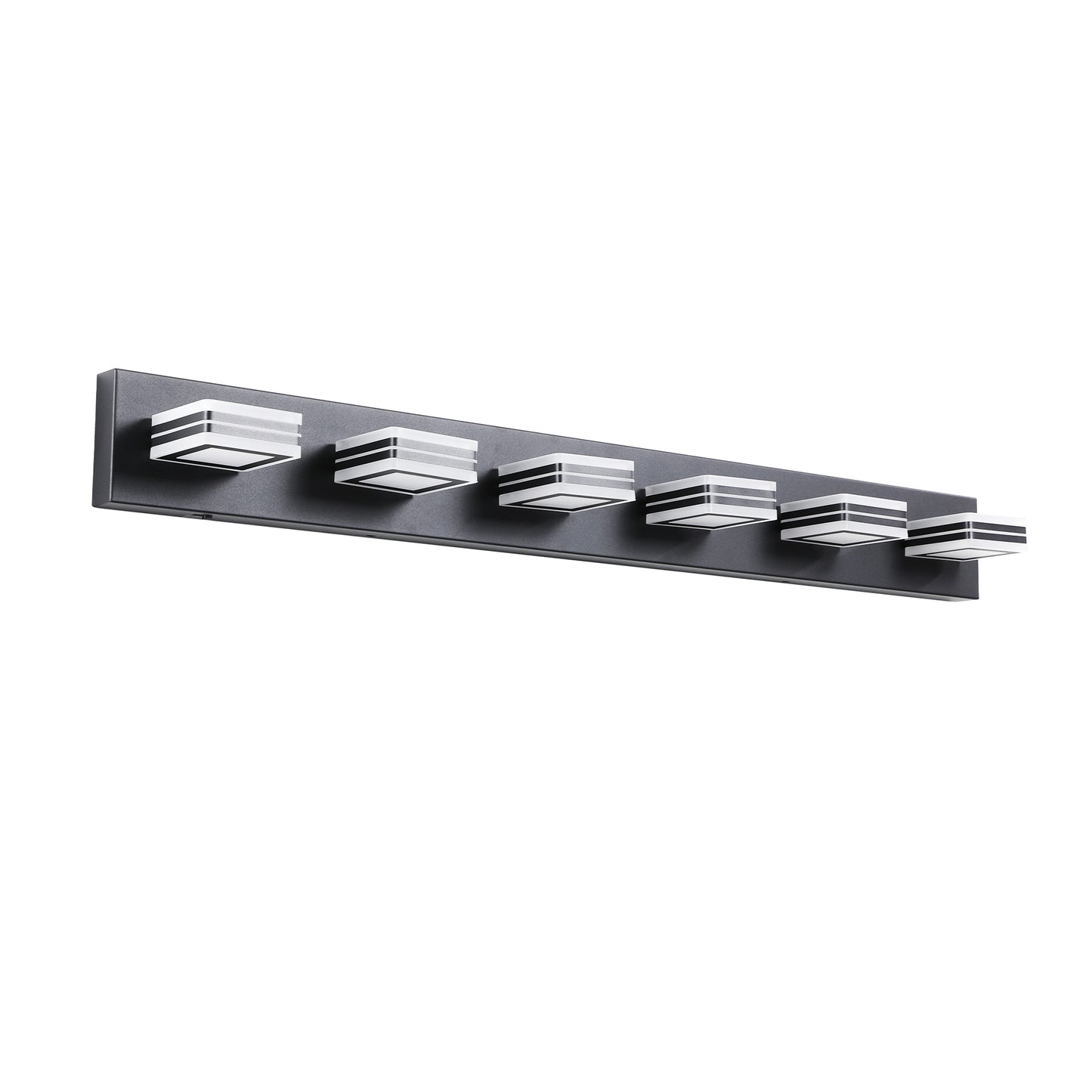 Modern black vanity light with five striped cubic shades and integrated LEDs for bathroom illumination