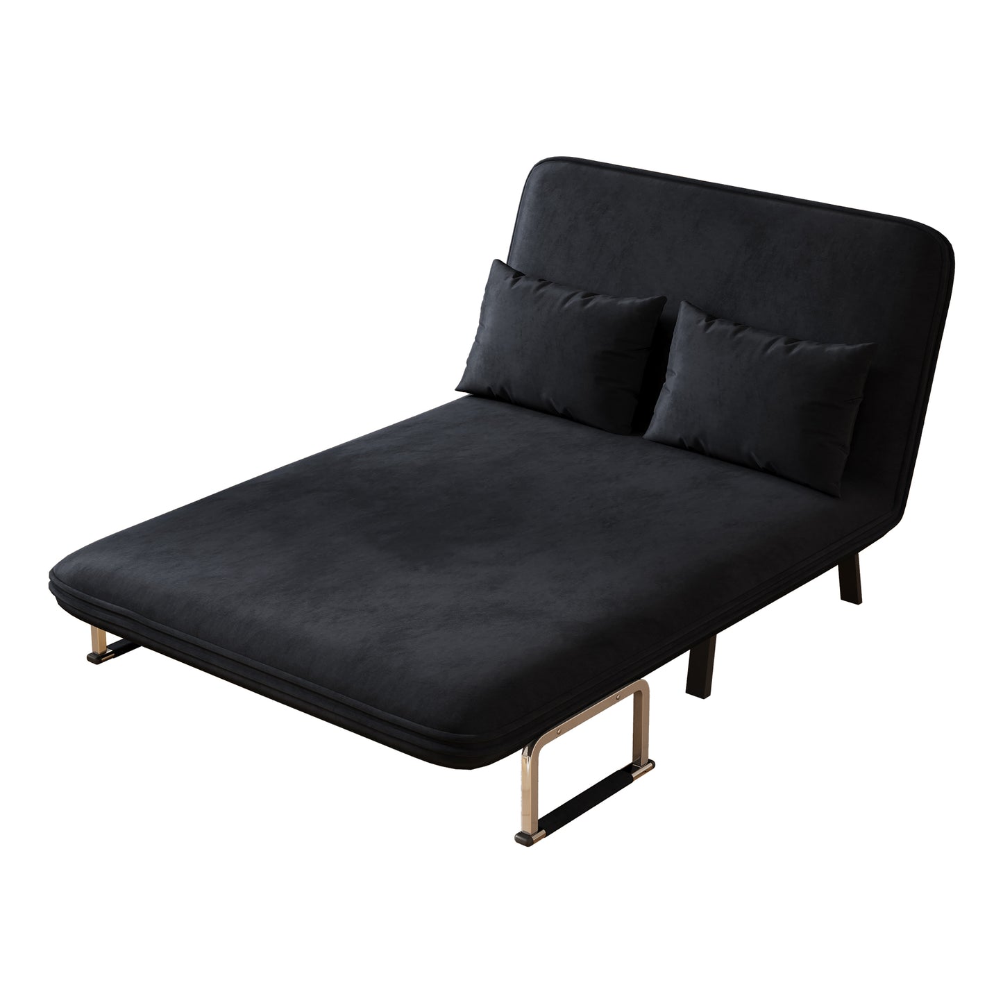 Sleek black velvet futon sofa with two matching pillows perfect for small spaces