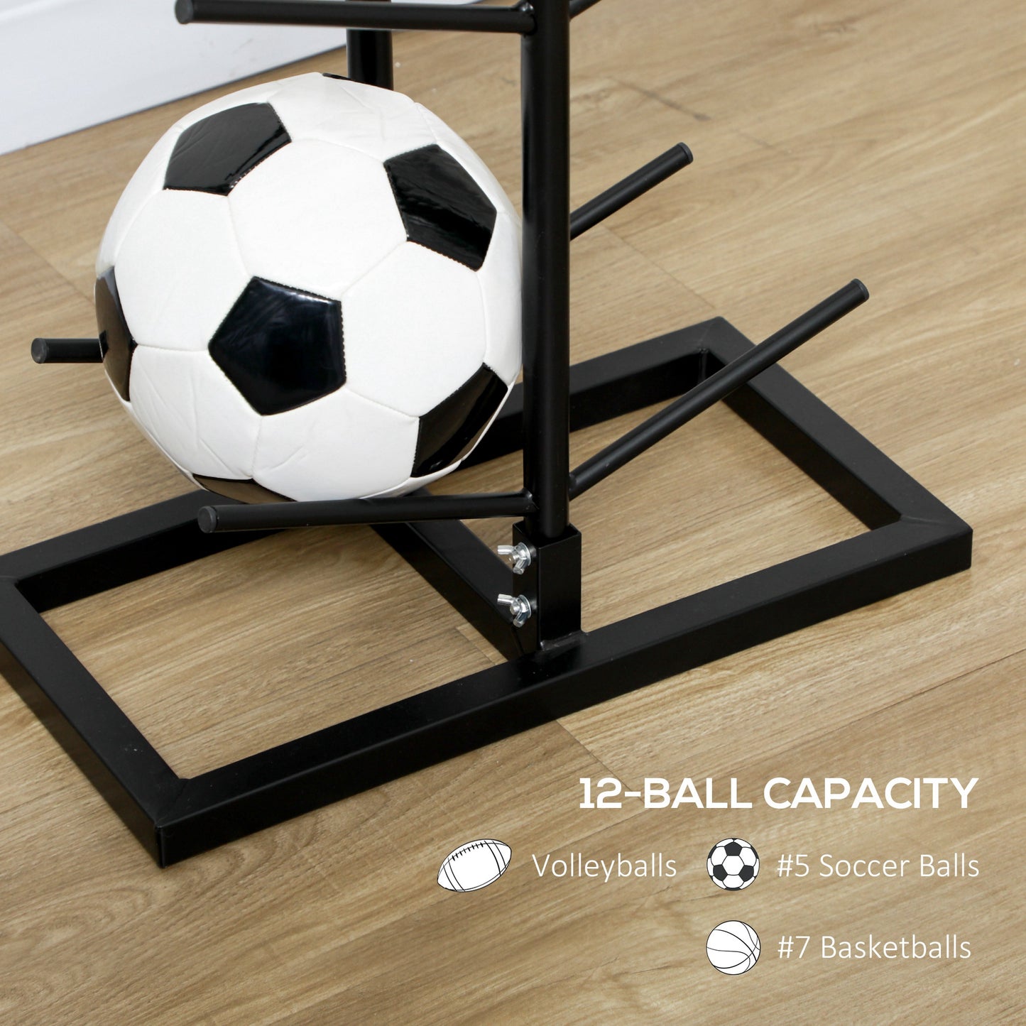 Black metal ball rack holding a soccer ball ball capacity