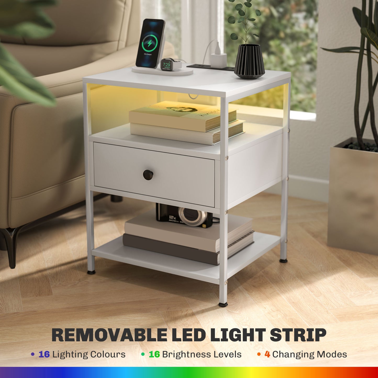 White modern nightstand with drawer open shelves and integrated LED lighting