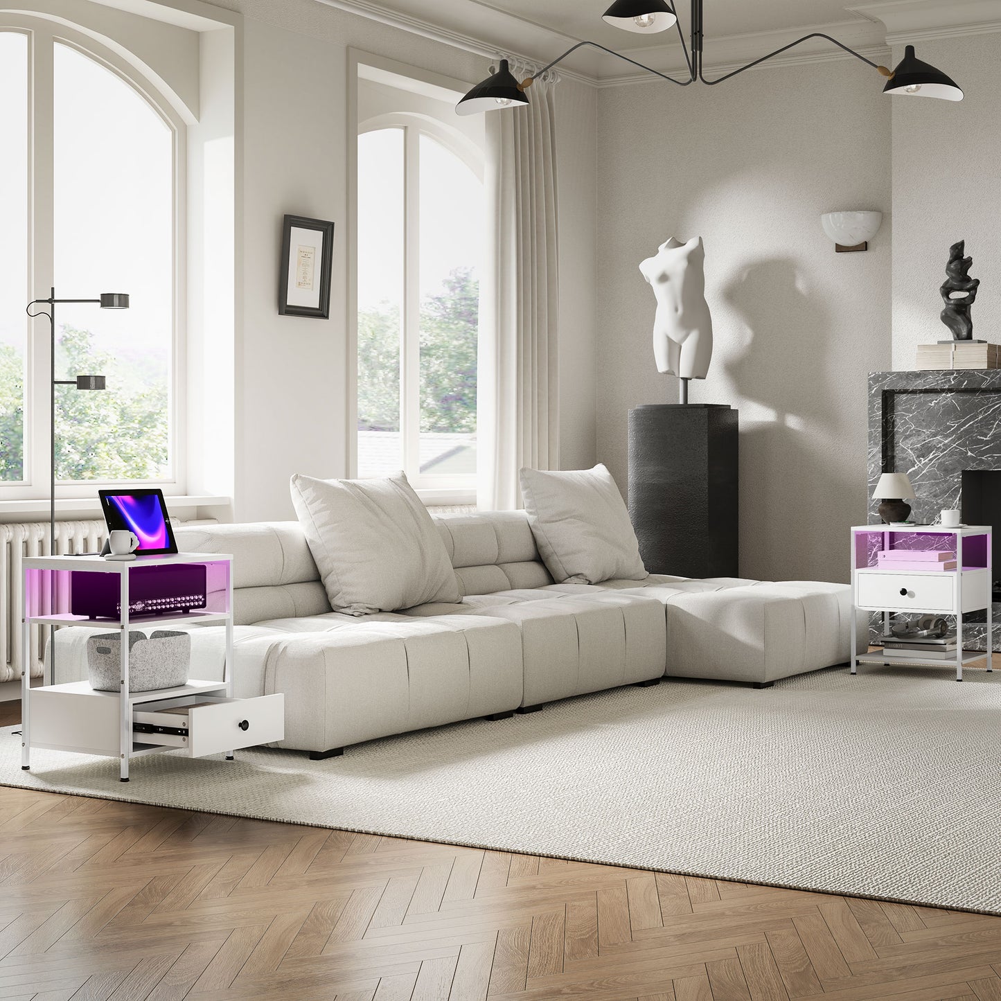 Modern sectional sofa with textured fabric in a neutral tone perfect for contemporary living rooms