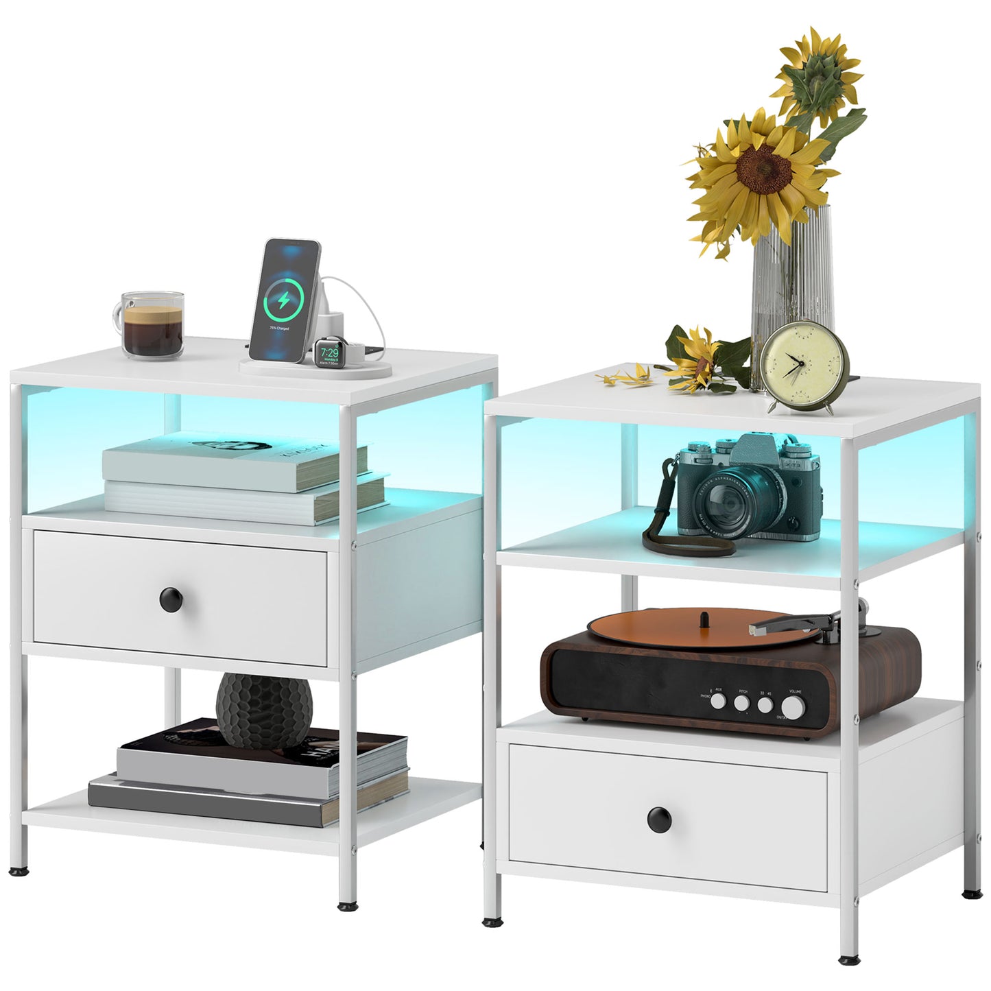White metal nightstand with LED lighting drawer and top shelf holding coffee and charger