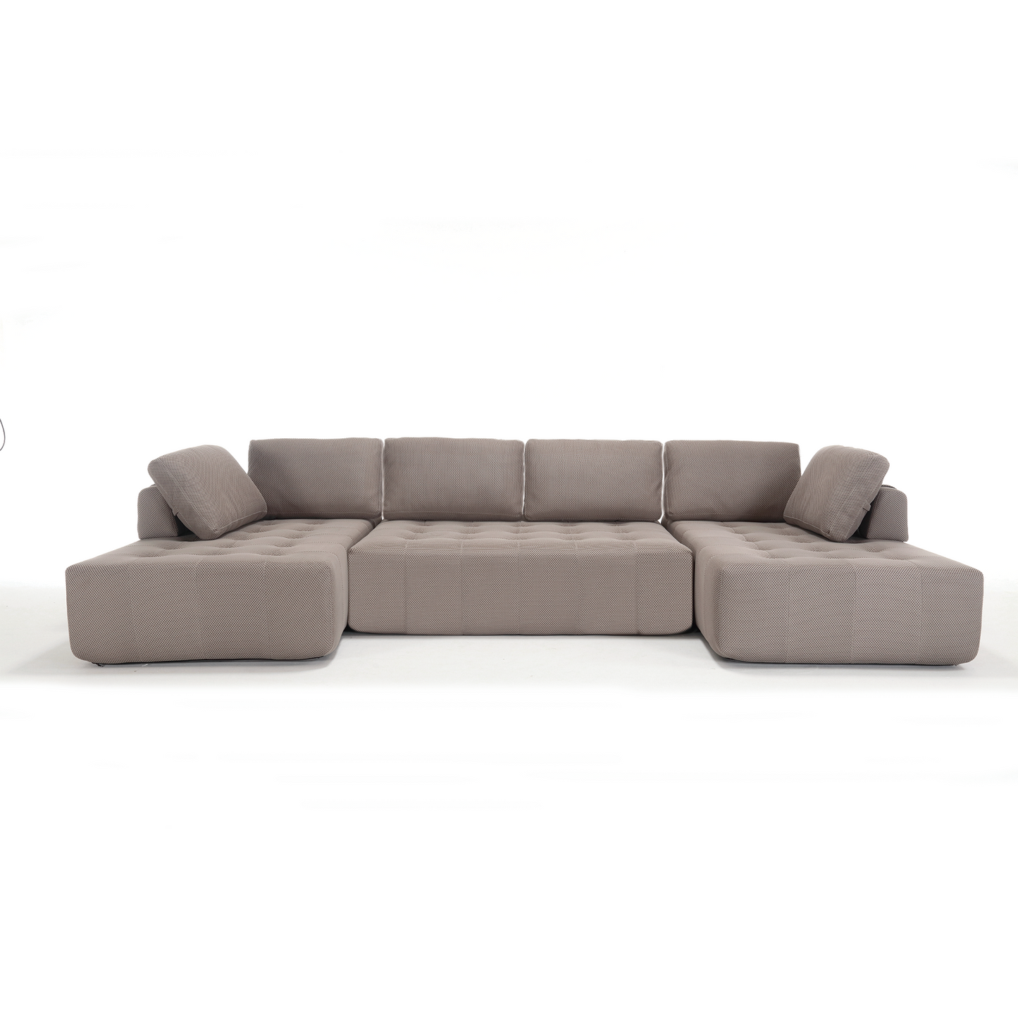 Taupe upholstered sectional sofa with tufted seats and wide arms