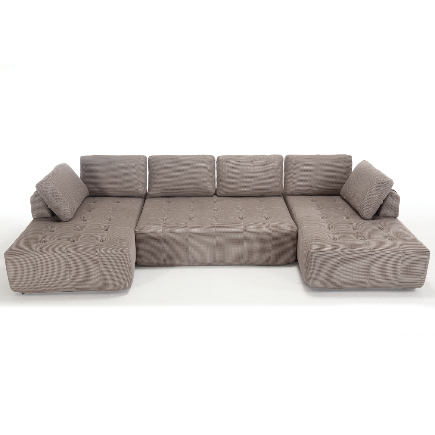 Modern Ushaped sectional sofa in taupe fabric with tufted seat cushions and removable back pillows