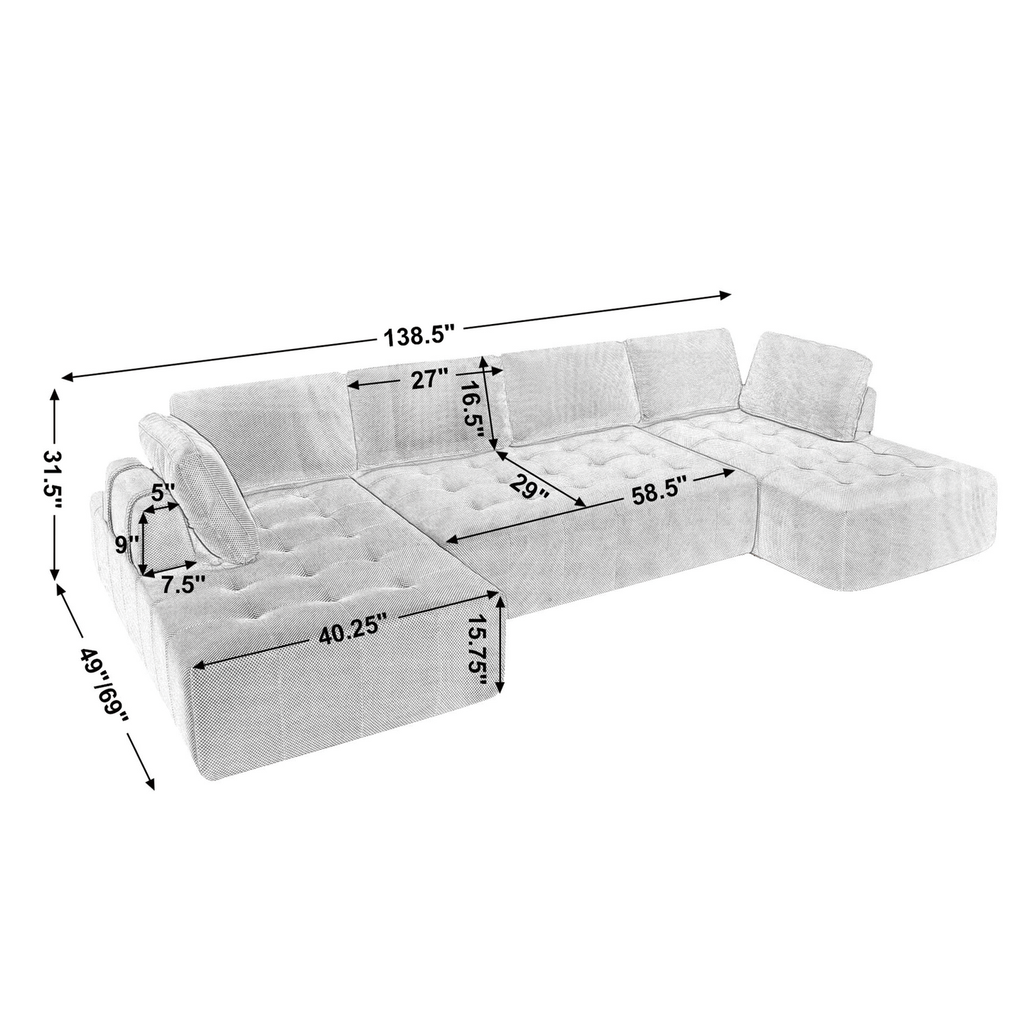 Sectional sofa with textured fabric and tufted cushions dimensions displayed for easy placement