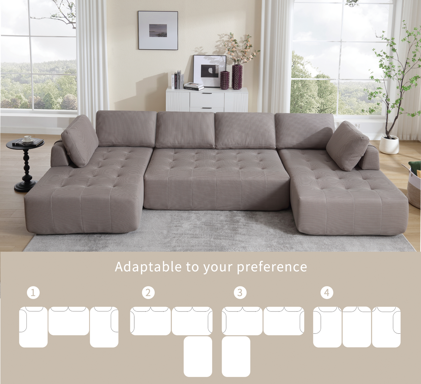 Modular sectional sofa in taupe textured fabric featuring tufted seat cushions and configurable sections for versatile living room seating