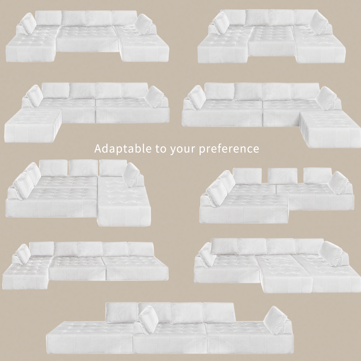 White tufted sectional sofa with chaise lounge and throw pillows for modern living room