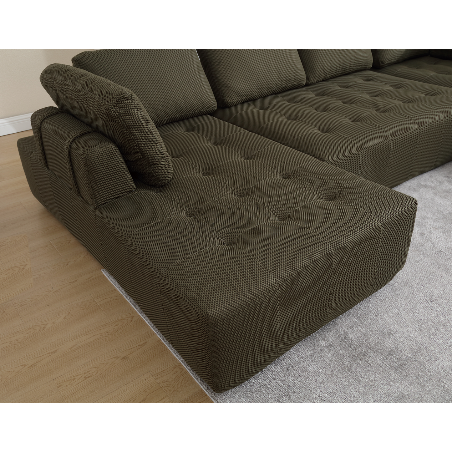 Dark brown modular sectional sofa with tufted seat cushions and plush armrests