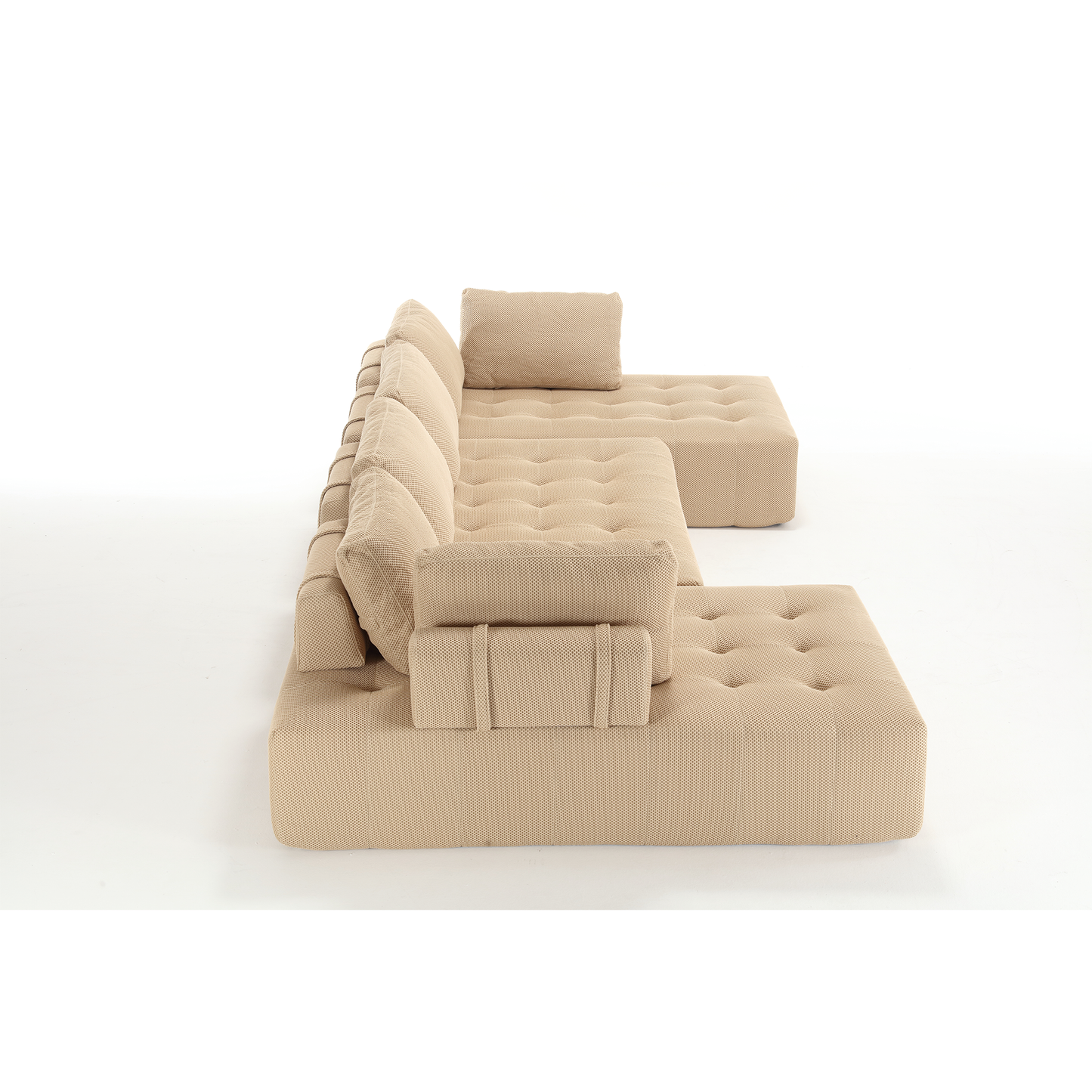 Beige tufted sectional sofa with armrests and loose back cushions modern living room furniture