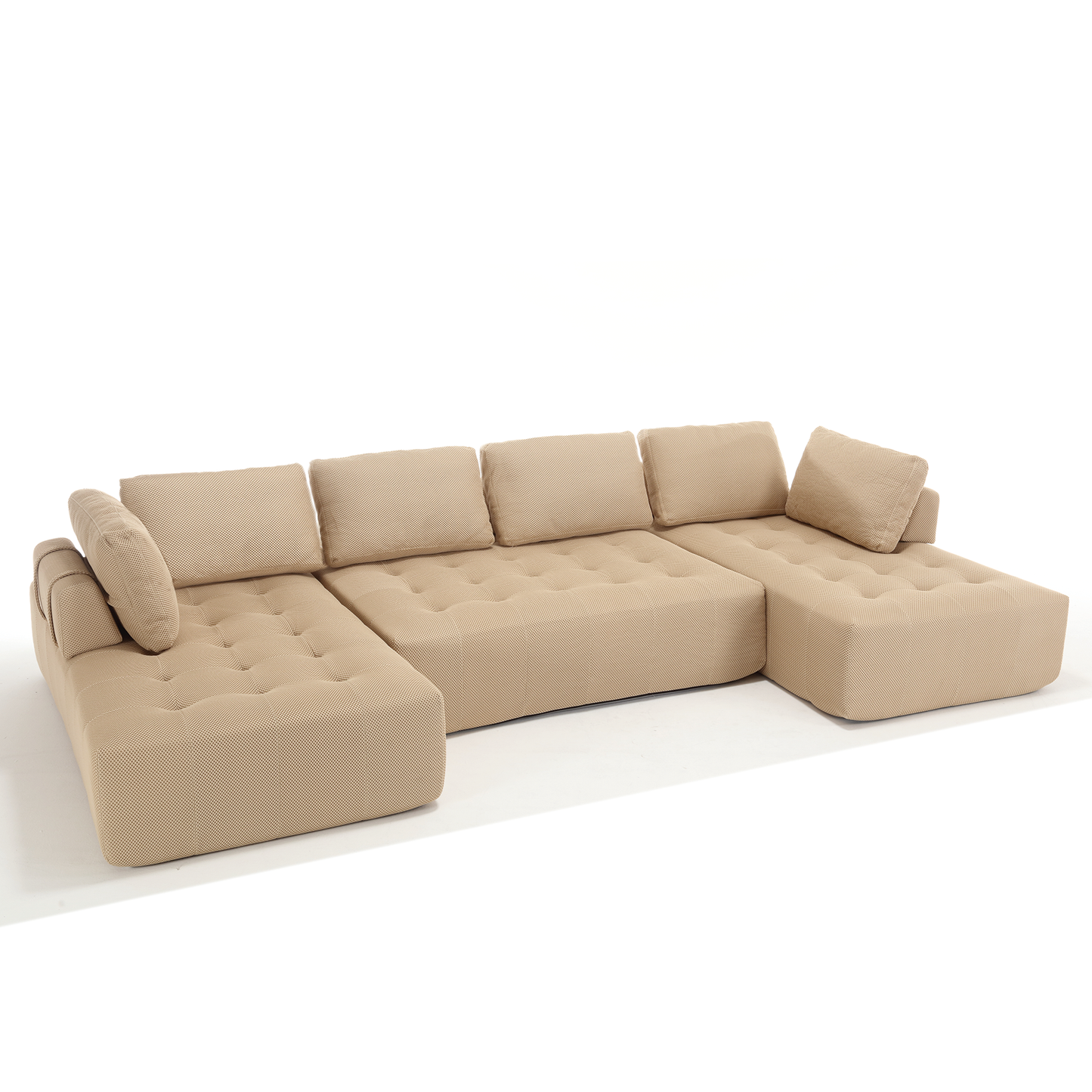 Beige sectional sofa with tufted cushions and textured fabric upholstery