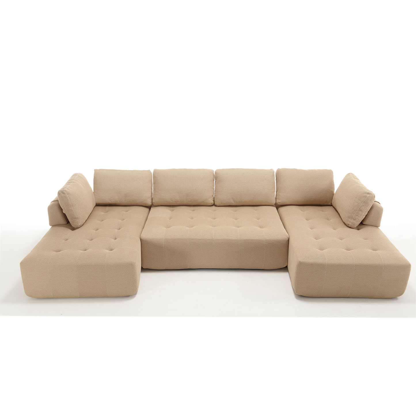 Beige textured fabric sectional sofa with tufted seat cushions