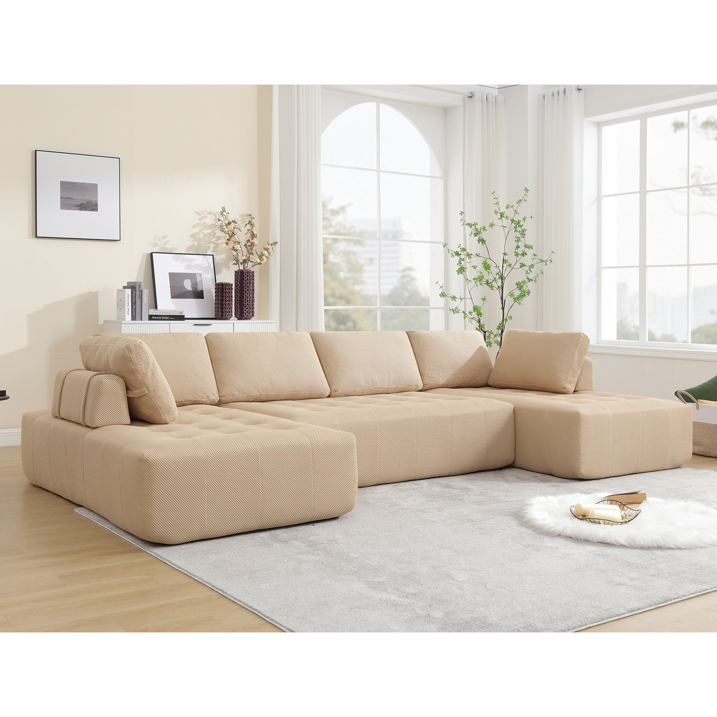Beige sectional sofa with tufted cushions modern living room furniture