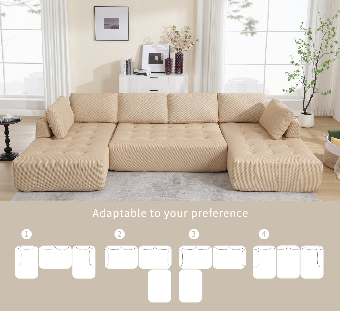 Tufted beige sectional sofa with plush cushions perfect for modern living room comfort