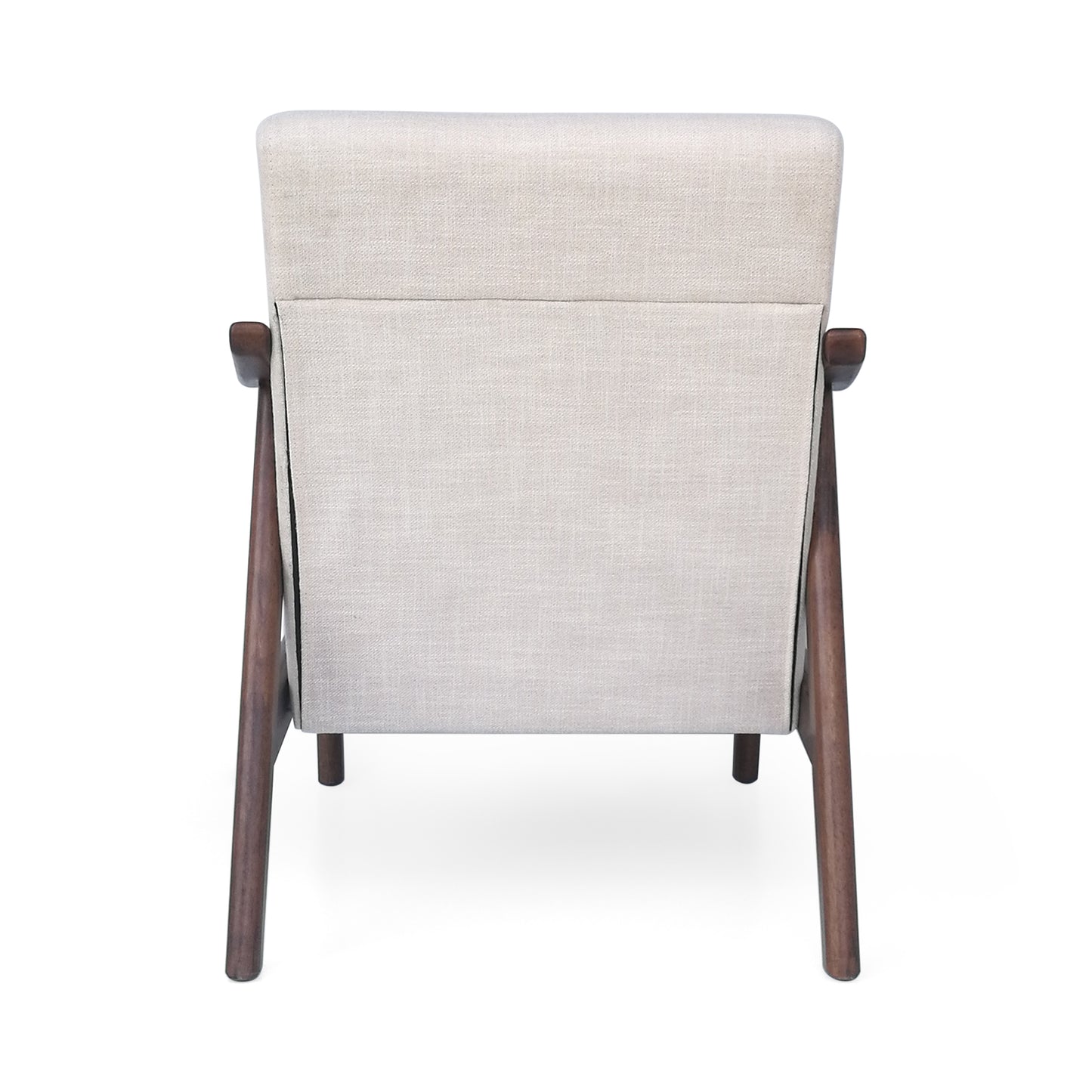 Back view of a modern beige fabric armchair with dark wood legs and arms