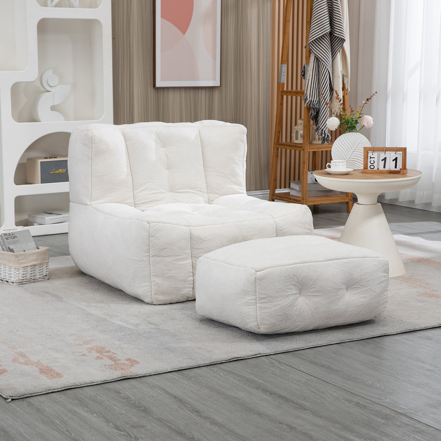 White plush bean bag chair and ottoman with tufted details for cozy seating