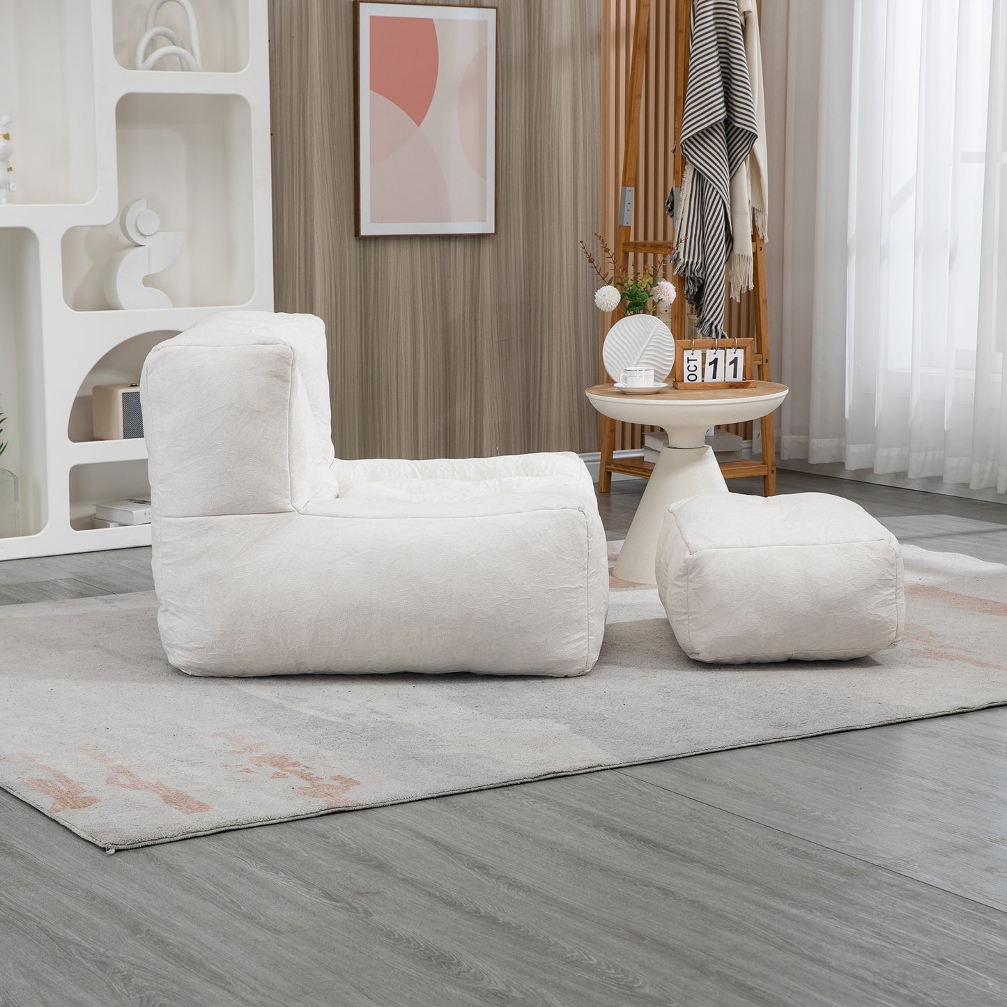 Plush white beanbag chair and ottoman set perfect for a cozy reading nook