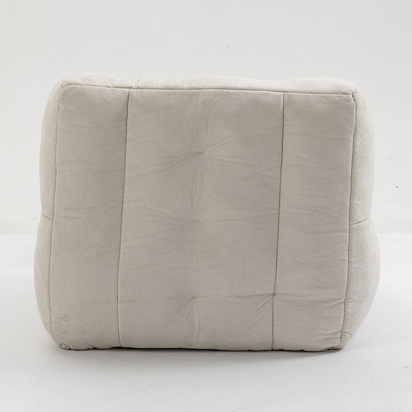 Light beige tufted square ottoman with textured faux leather upholstery