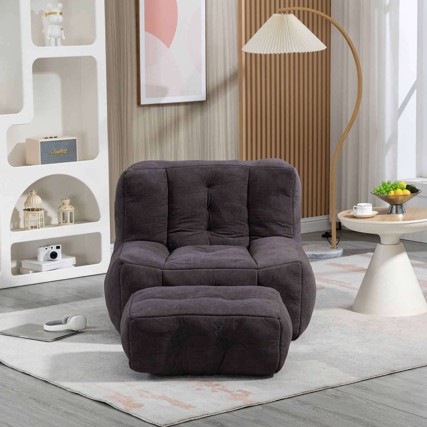 Dark gray tufted fabric bean bag chair and ottoman set for comfortable lounging