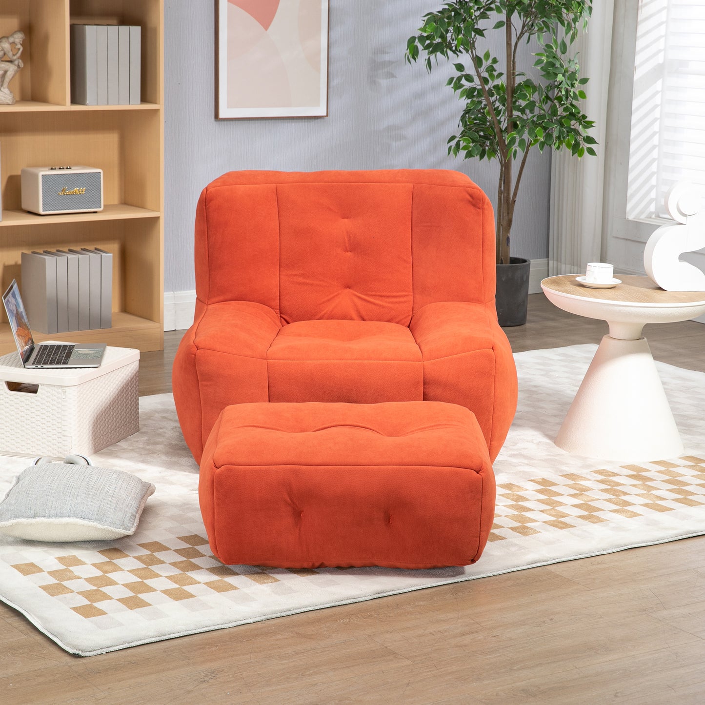 Plush orange accent chair with tufted detailing and matching ottoman for cozy seating