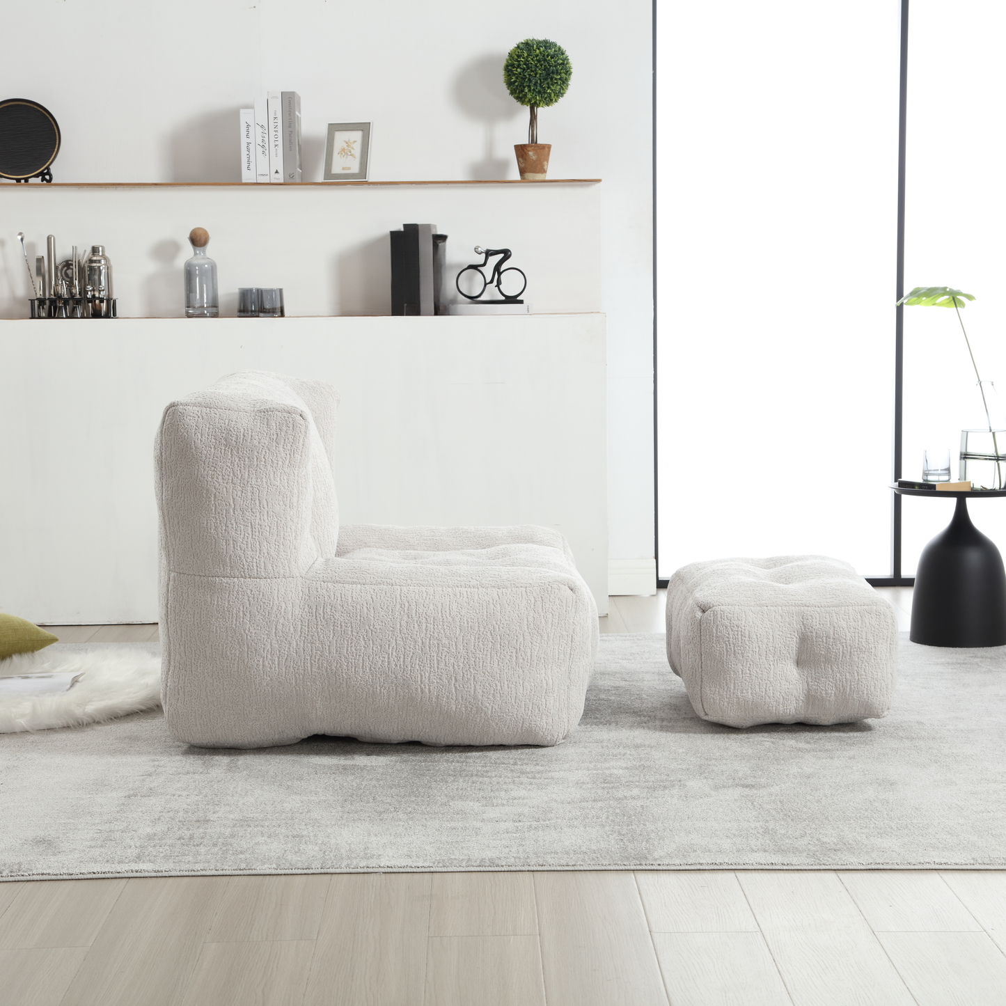 Textured ivory boucle armchair with clean lines and modular design