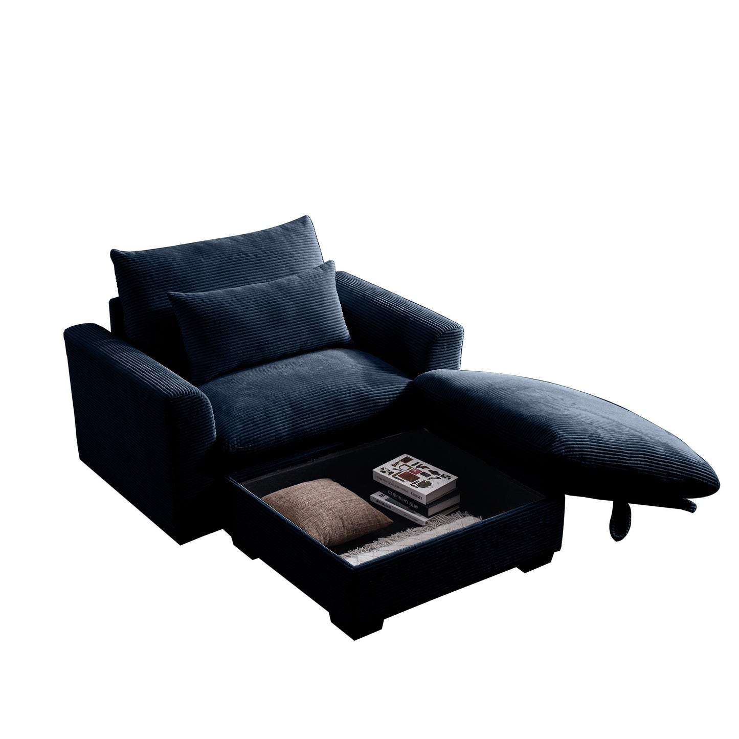 Dark blue corduroy armchair with open storage revealing books and cushion