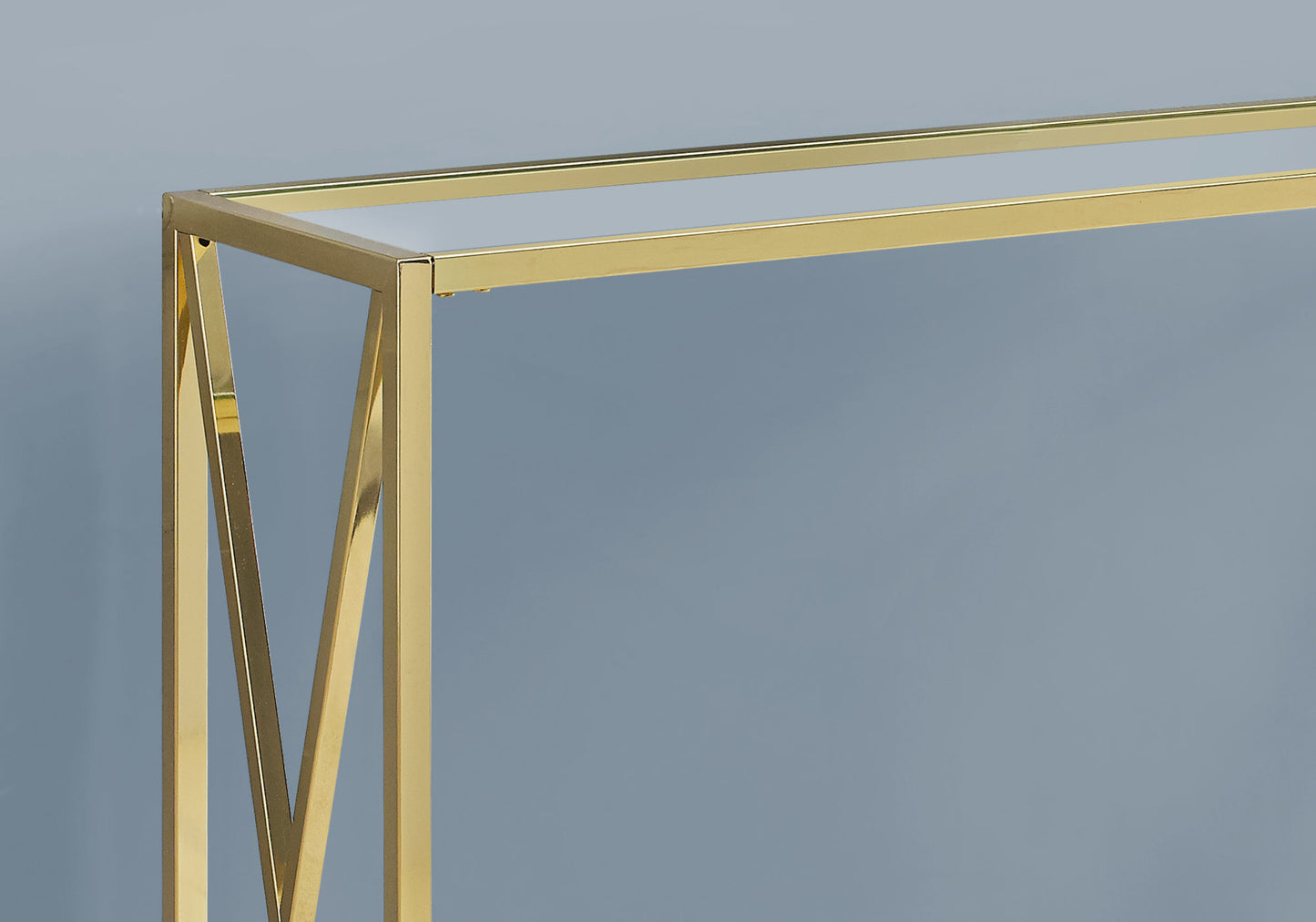 Gold metal console table with glass top modern design for entryway