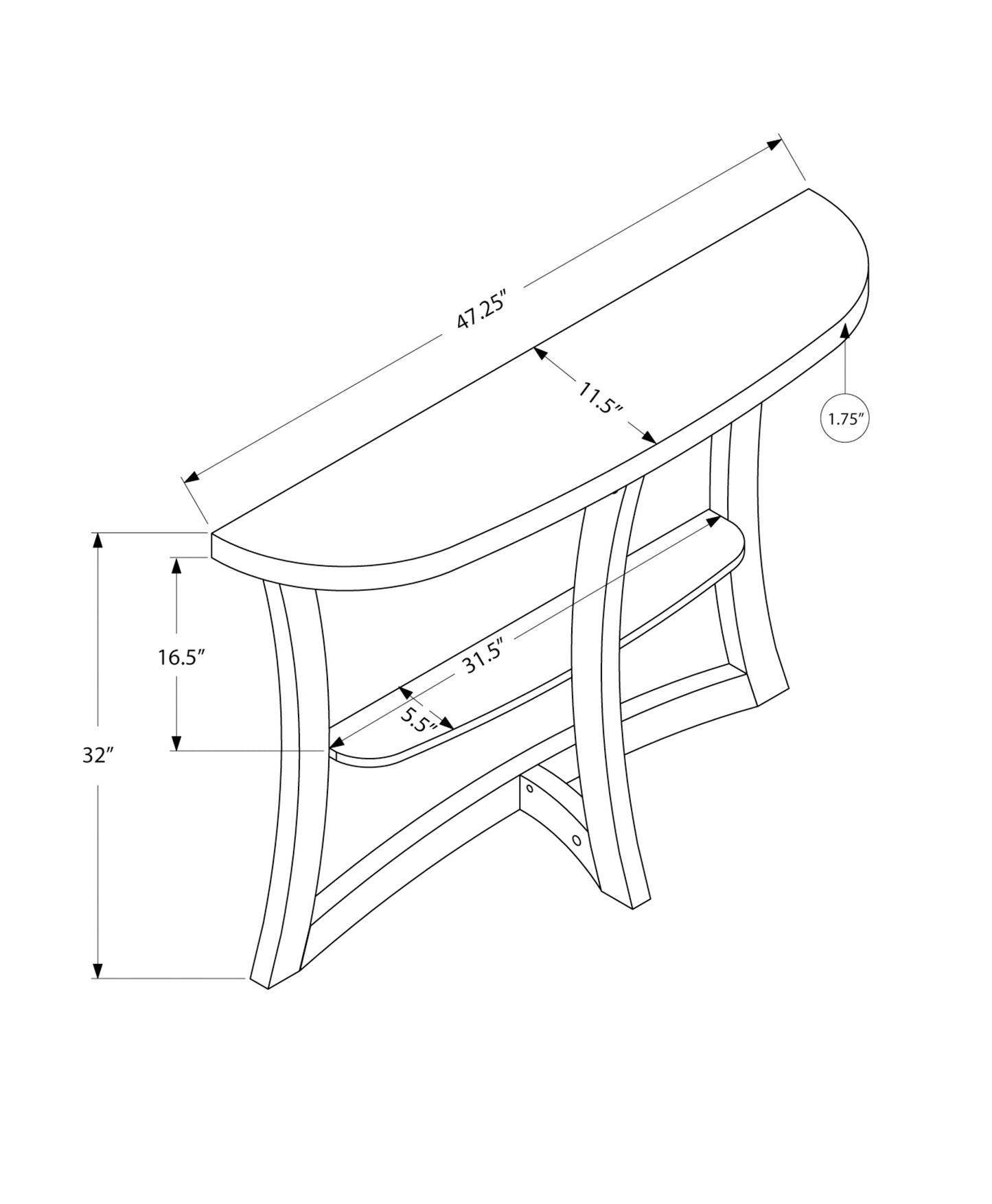 Diagram showing dimensions of a curvedtop console table with a lower shelf L x W