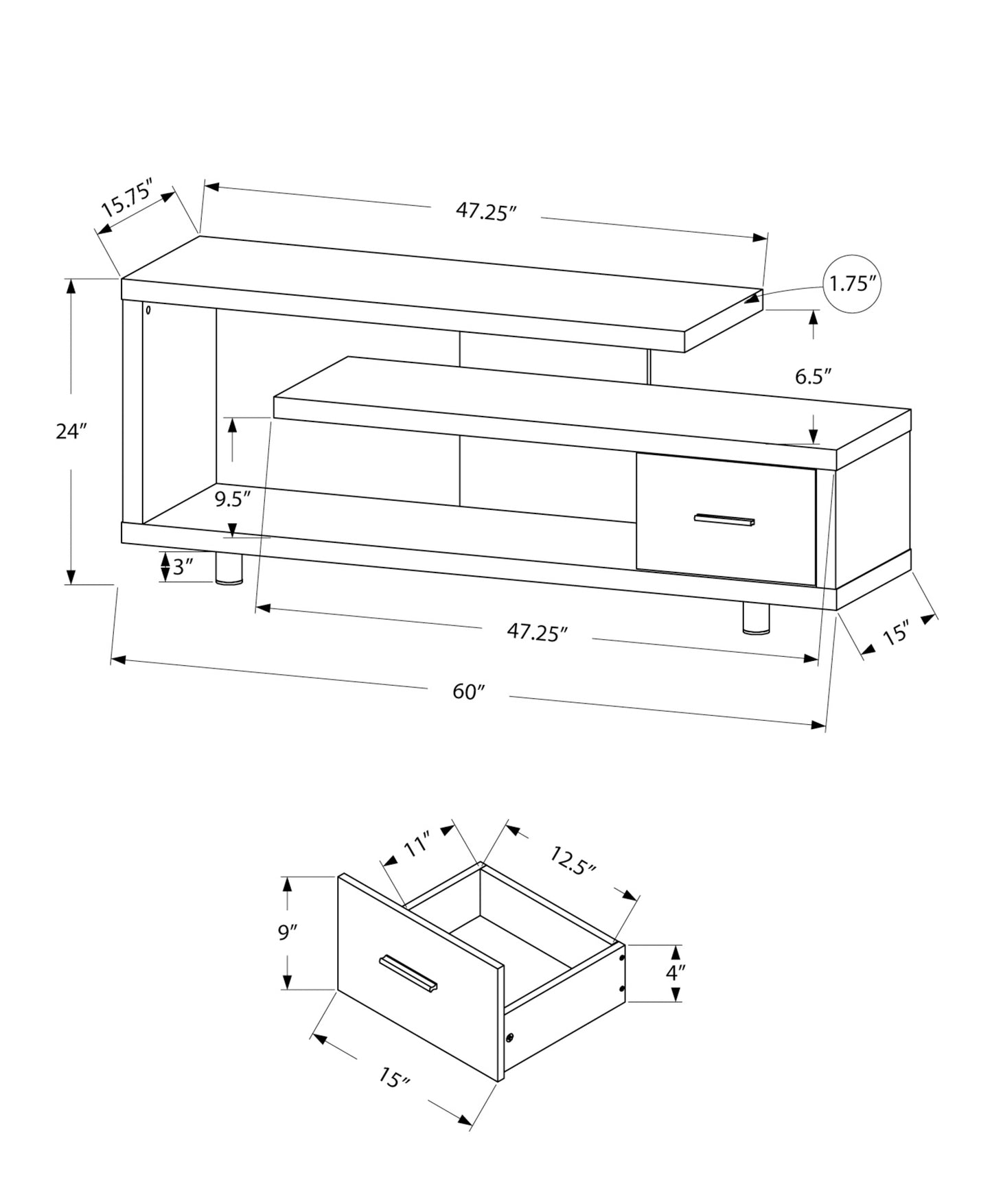 inch modern entertainment center with staggered shelves and one drawer