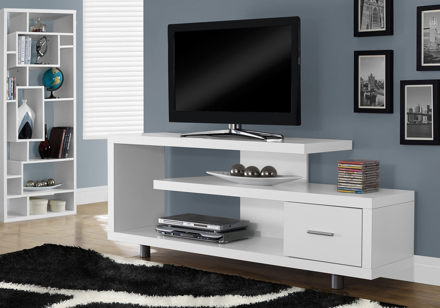 Modern white TV stand with media console shelf and drawer