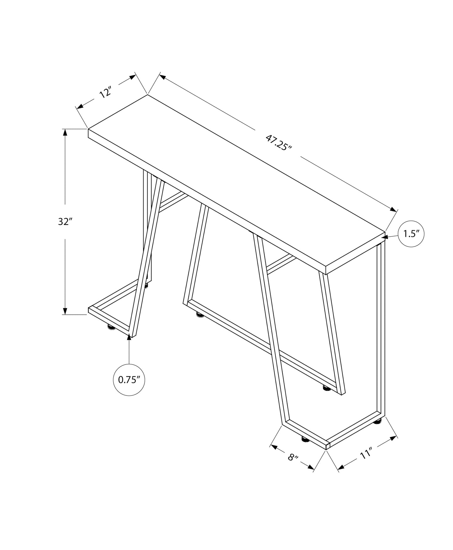 Line drawing of a modern console table with chrome metal frame and wood top