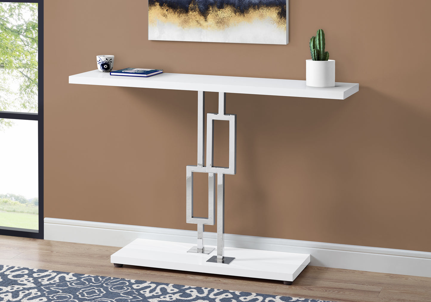 Sleek white console table with chrome geometric base ideal for entryways