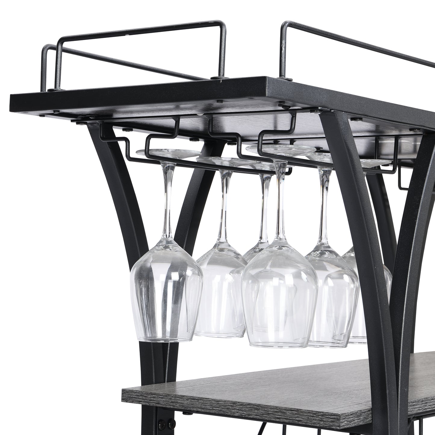 Black metal wine rack with glass holders storing wine glasses