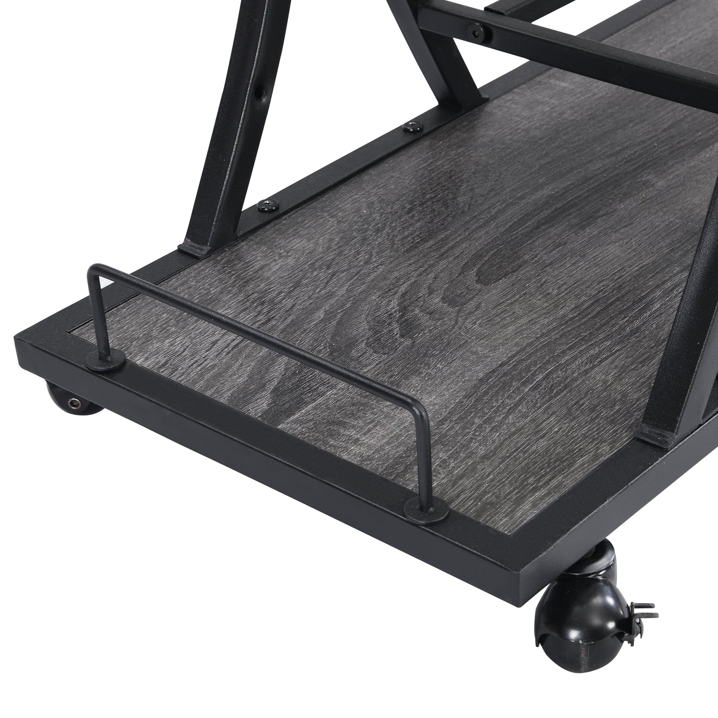 Black metal bar cart with weathered gray wood shelves and rolling casters