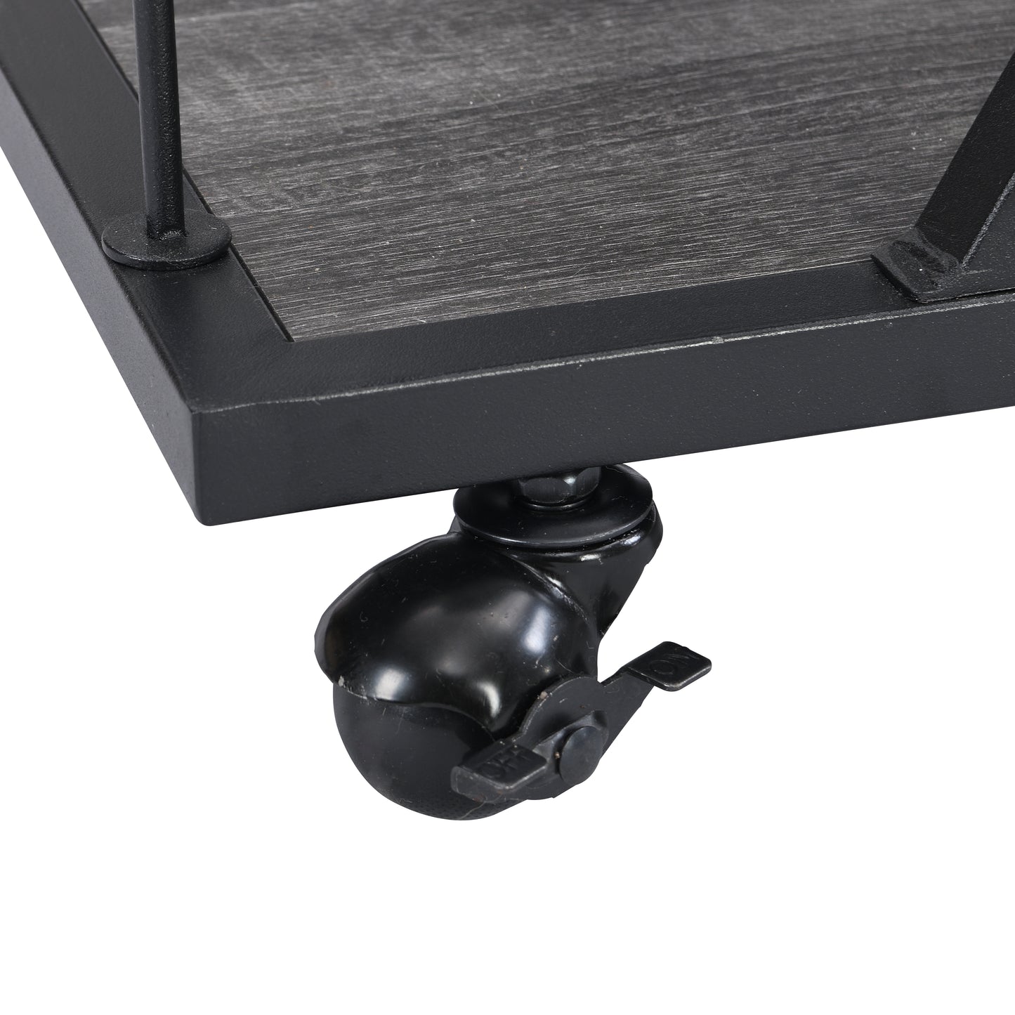 Industrial cart caster wheel with locking mechanism on grey wood laminate