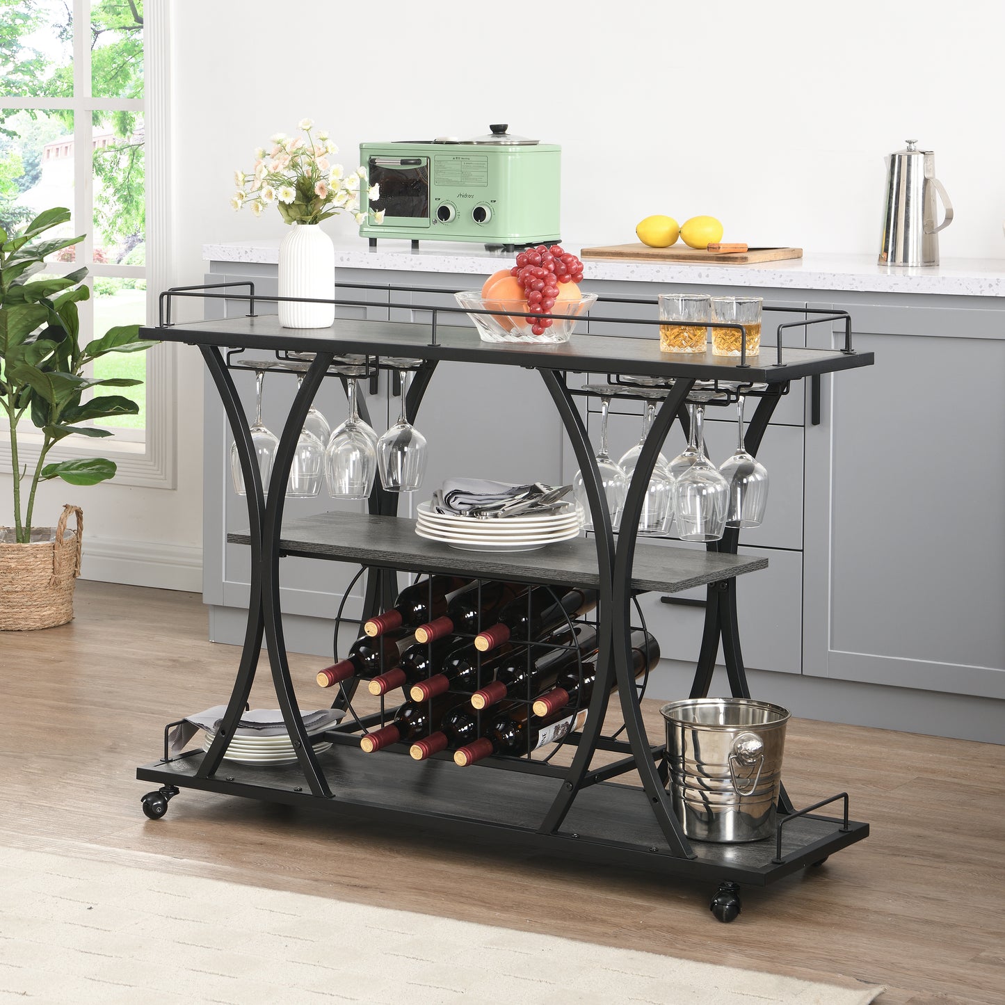 Rustic wood and metal bar cart with wine rack and glass holders