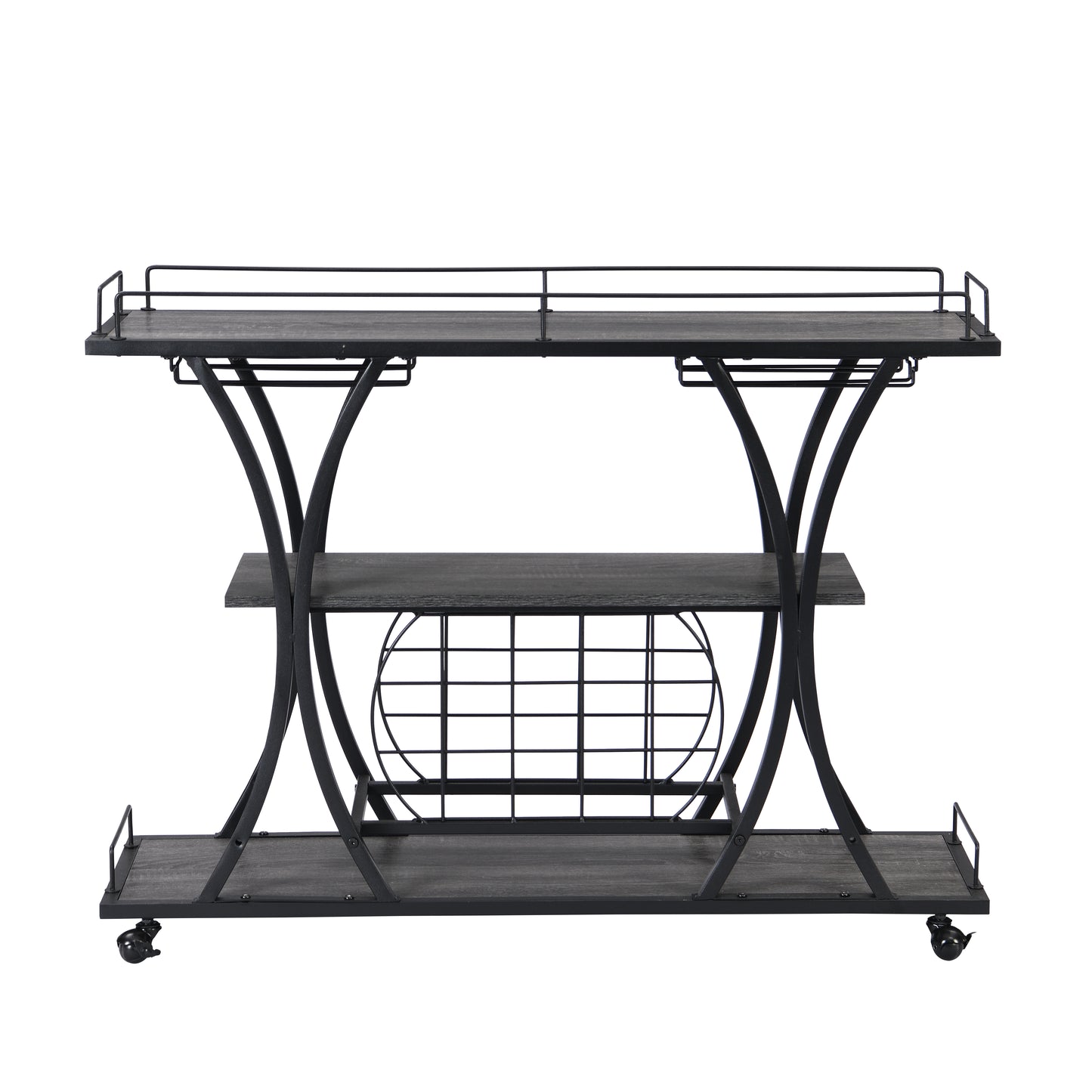 Industrial style bar cart with dark wood shelves and black metal frame