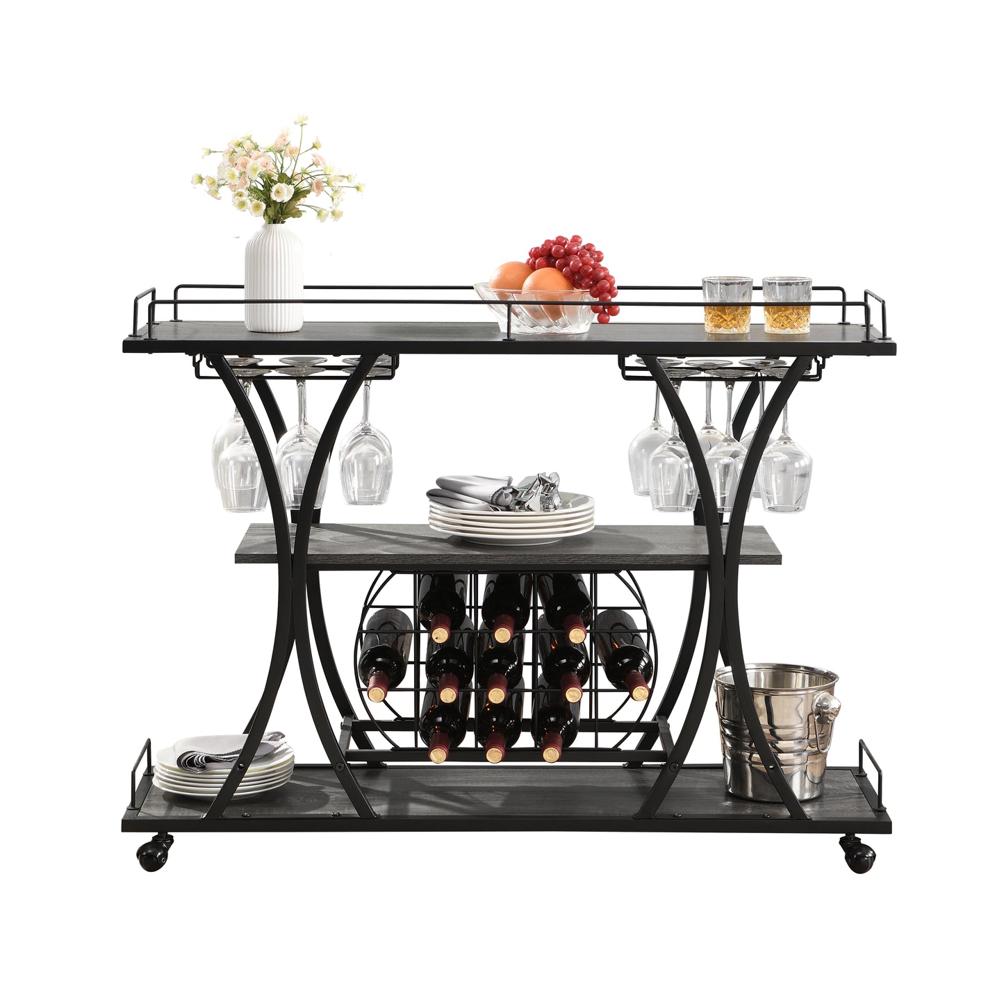 Black metal bar cart with grey wood finish shelves and wine racks