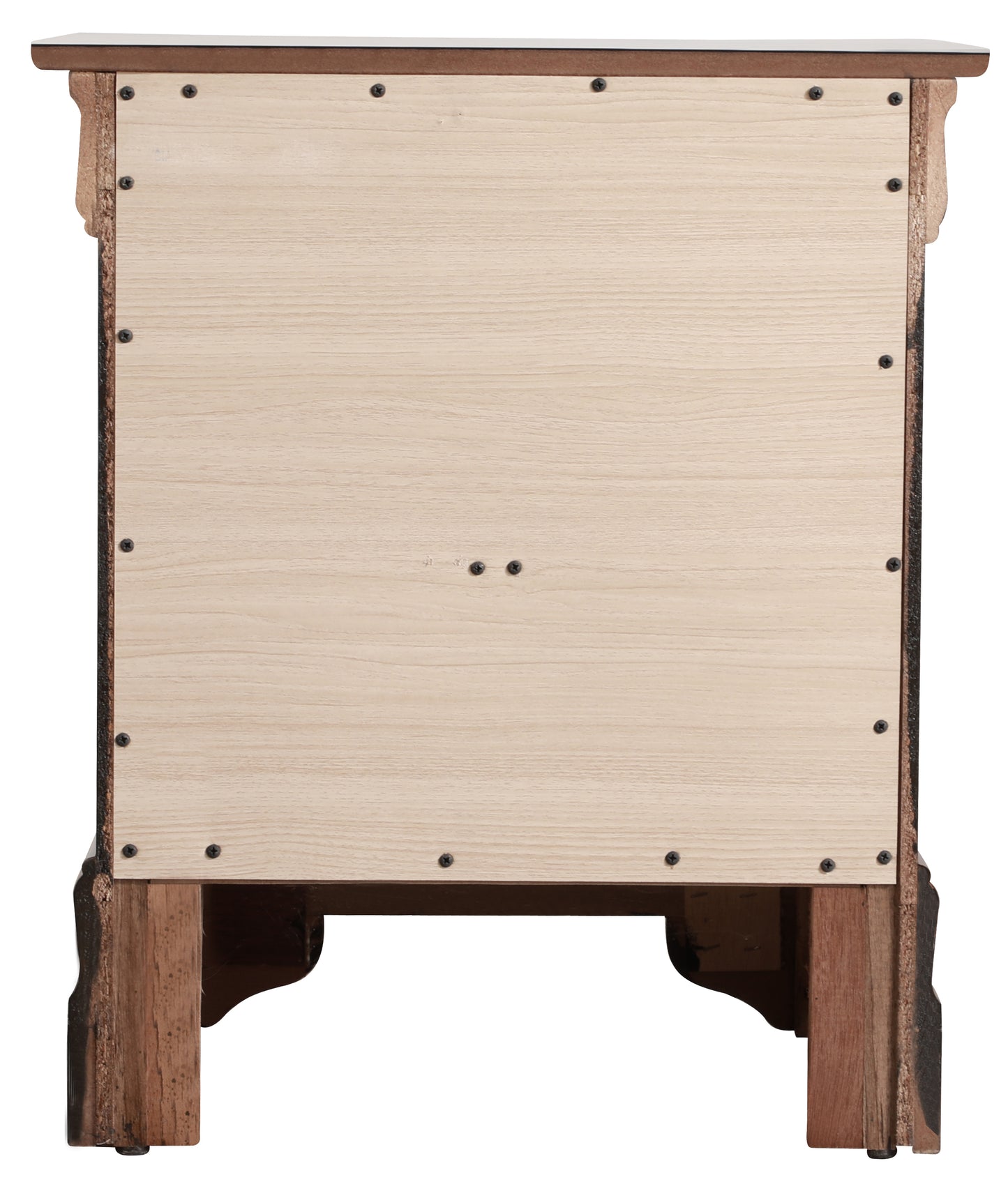 Back view of distressed wood nightstand with light oak paneling
