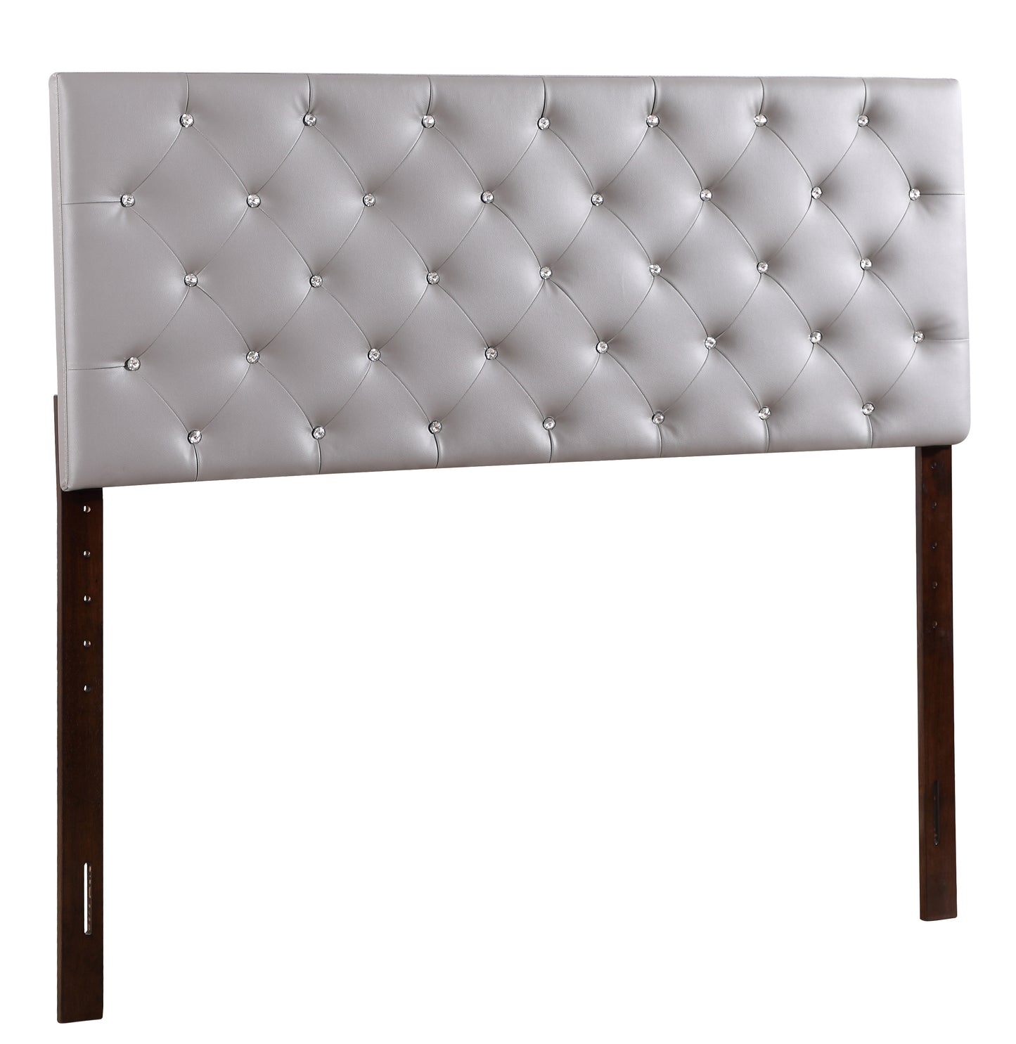 Light gray tufted faux leather headboard with crystal accents and dark wood posts
