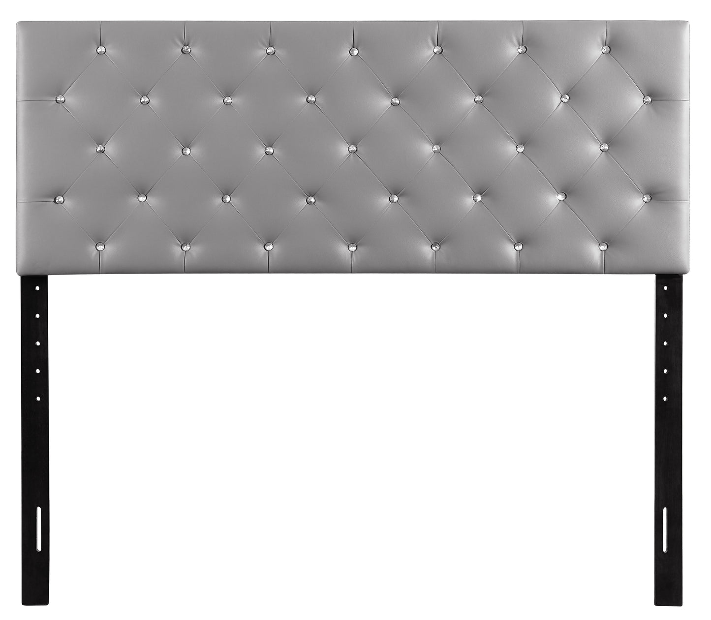 Tufted grey faux leather headboard with crystal accents and adjustable black metal legs