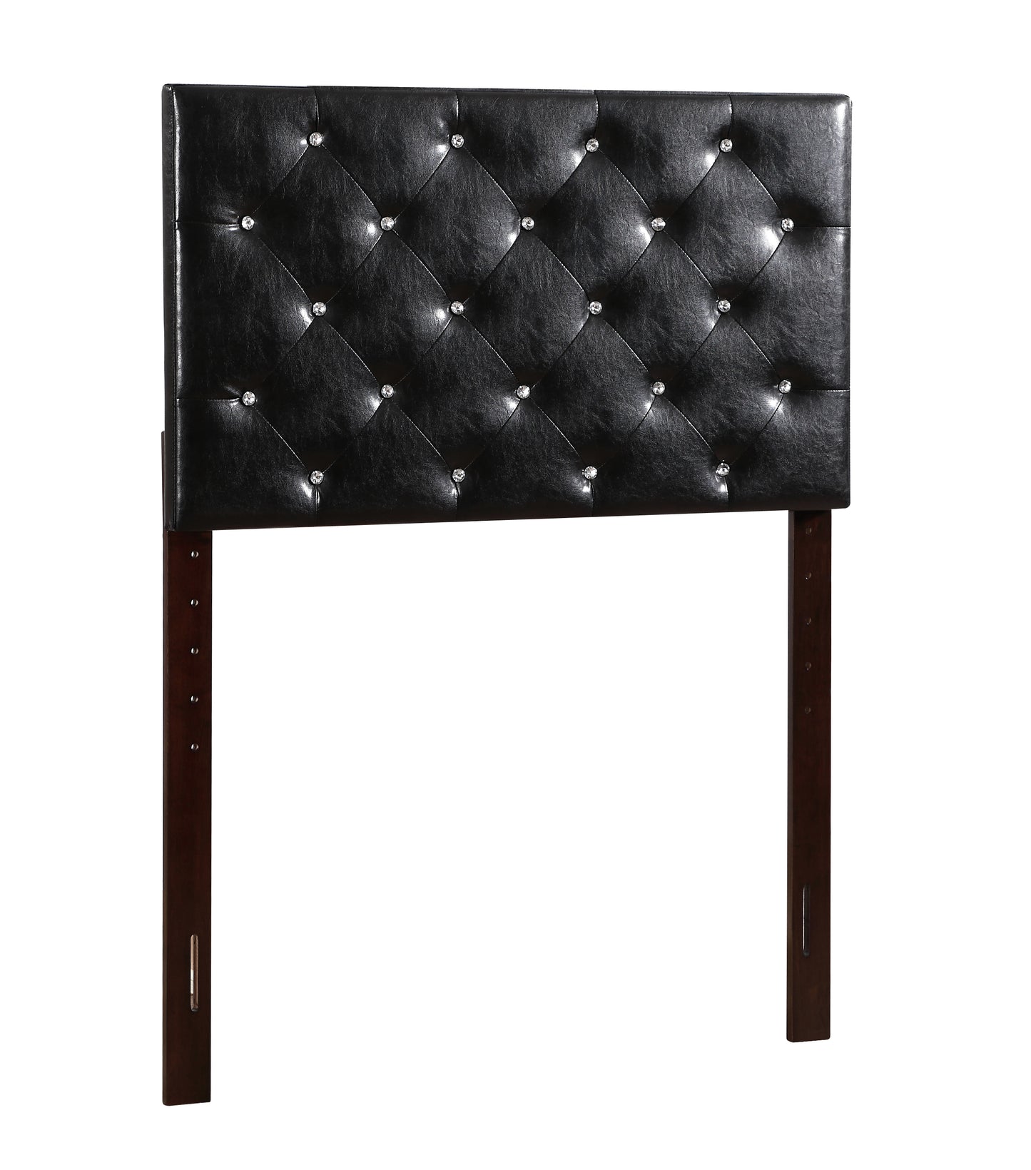 Black faux leather tufted headboard with crystal accents and dark wood legs