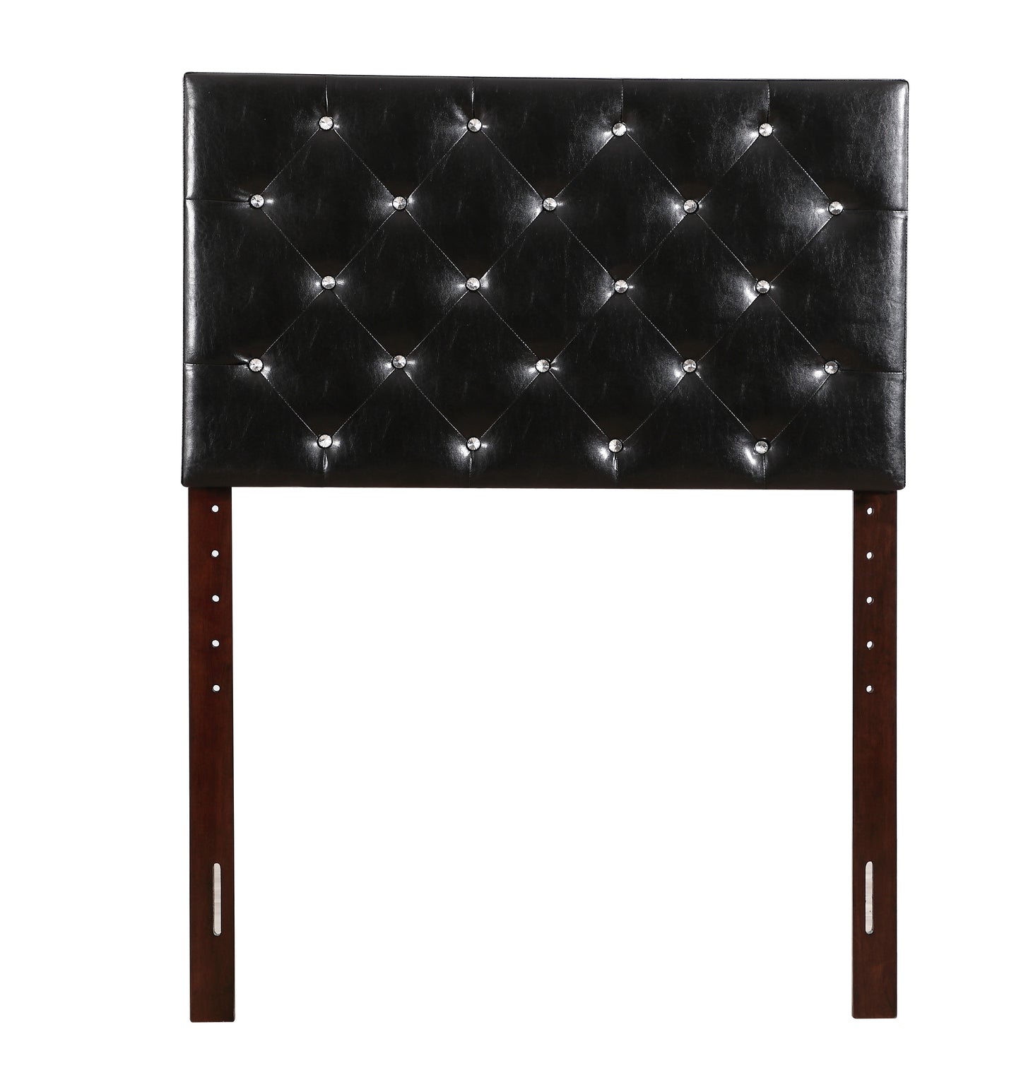 Tufted black faux leather headboard with crystal accents and dark wood legs